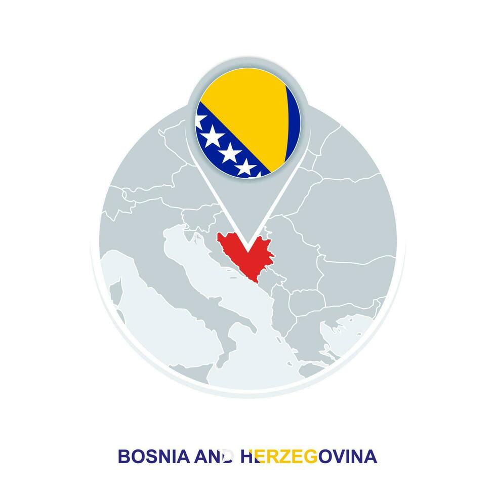 Bosnia and Herzegovina map and flag, vector map icon with highlighted Bosnia
