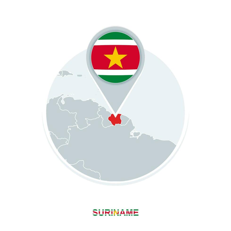 Suriname map and flag, vector map icon with highlighted Suriname