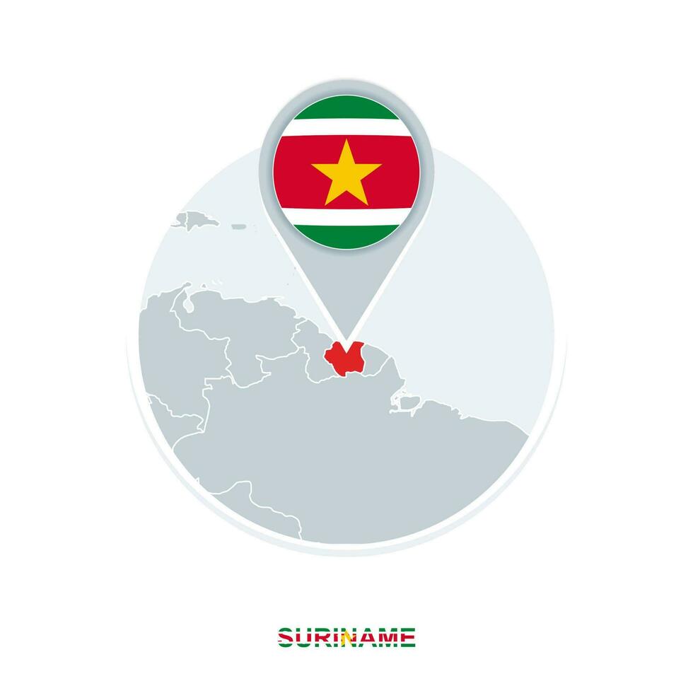 Suriname map and flag, vector map icon with highlighted Suriname