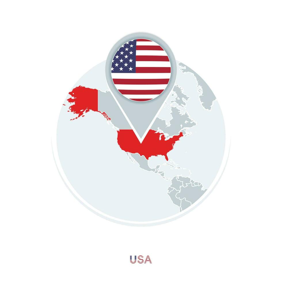 United States of America map and flag, vector map icon with highlighted USA