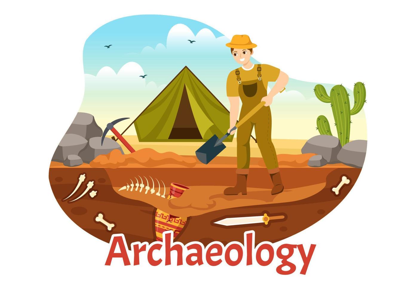 Archeology Illustration with Archaeological Excavation of ancient Ruins, Artifacts and Dinosaurs Fossil in Flat Cartoon Hand Drawn Templates vector
