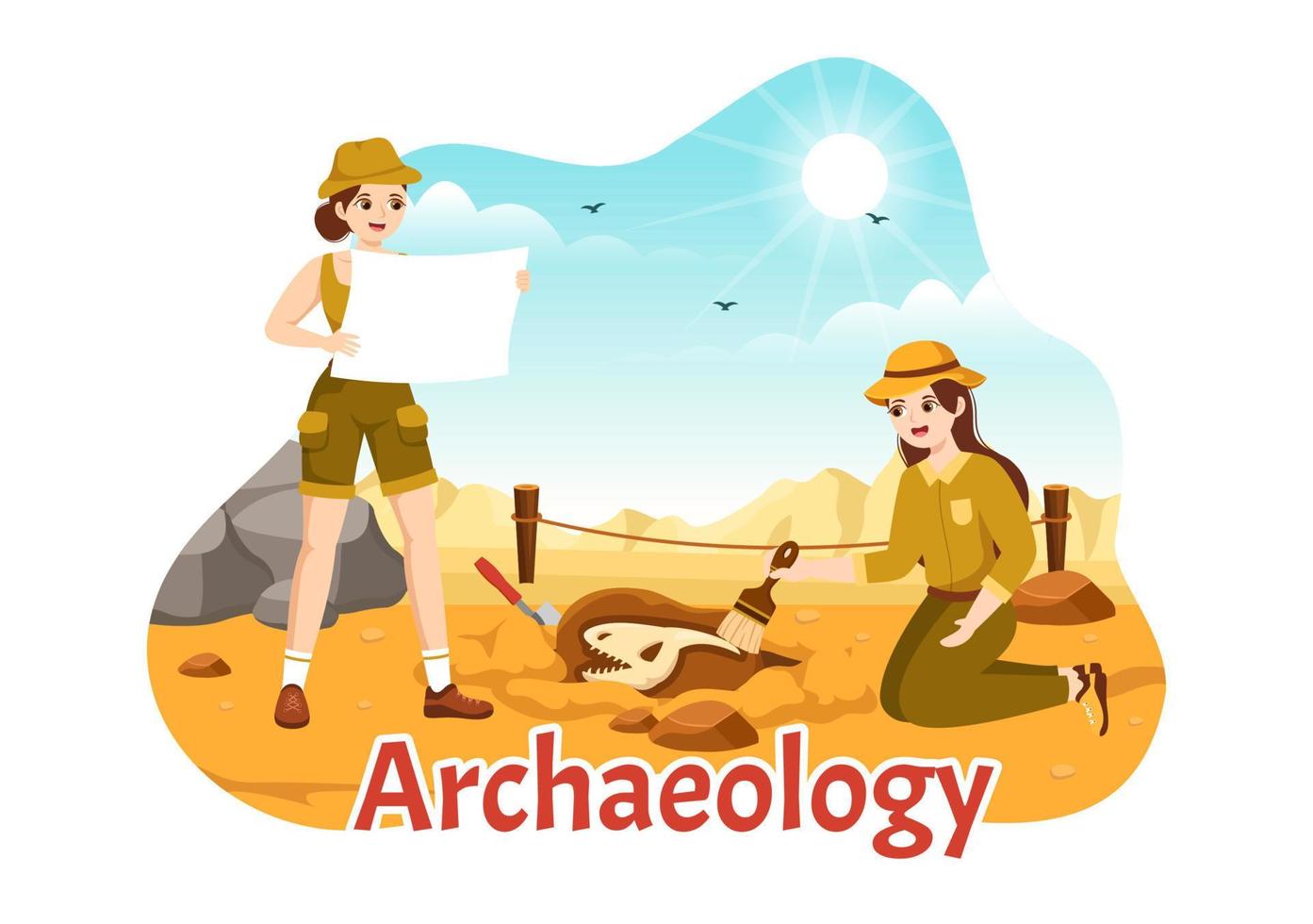 Archeology Illustration with Archaeological Excavation of ancient Ruins, Artifacts and Dinosaurs Fossil in Flat Cartoon Hand Drawn Templates vector