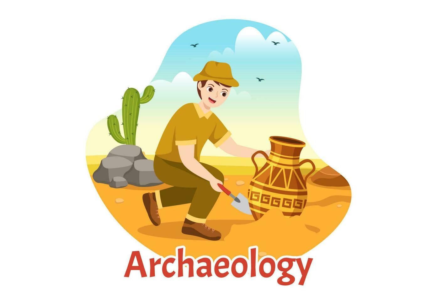 Archeology Illustration with Archaeological Excavation of ancient Ruins, Artifacts and Dinosaurs Fossil in Flat Cartoon Hand Drawn Templates vector