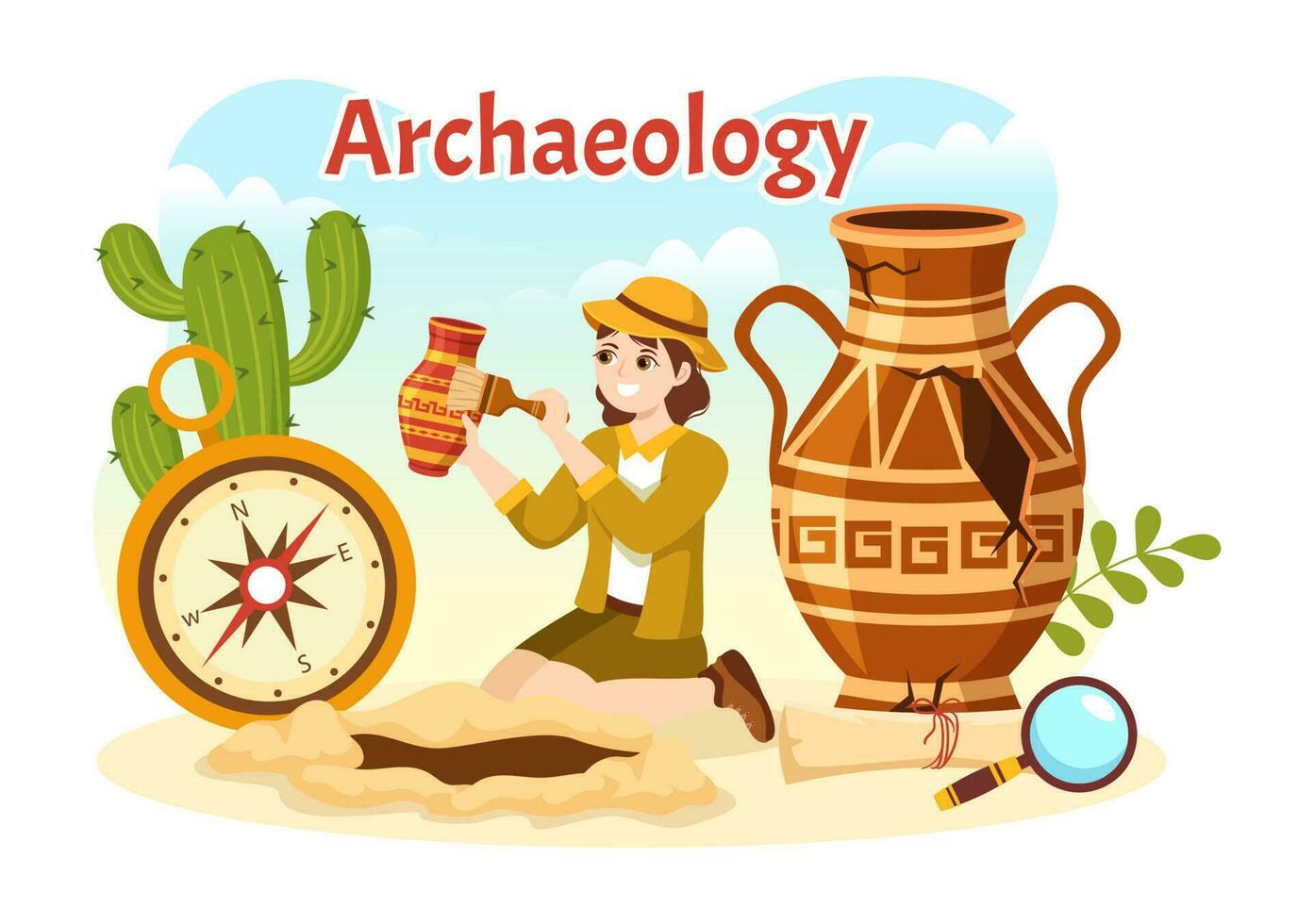 Archeology Illustration with Archaeological Excavation of ancient Ruins, Artifacts and Dinosaurs Fossil in Flat Cartoon Hand Drawn Templates vector