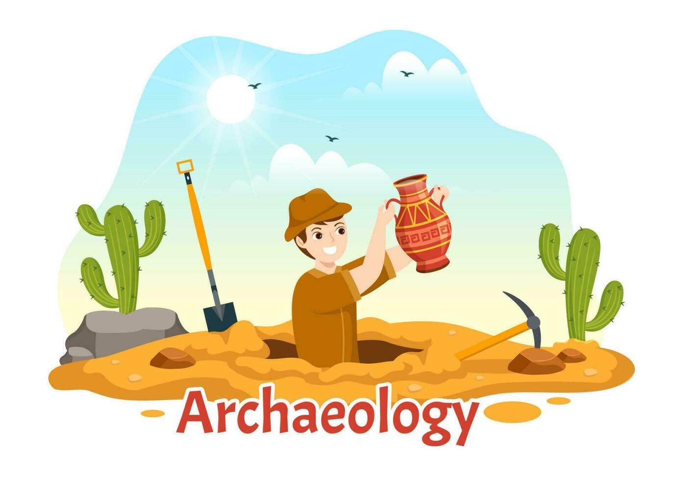 Archeology Illustration with Archaeological Excavation of ancient Ruins, Artifacts and Dinosaurs Fossil in Flat Cartoon Hand Drawn Templates vector