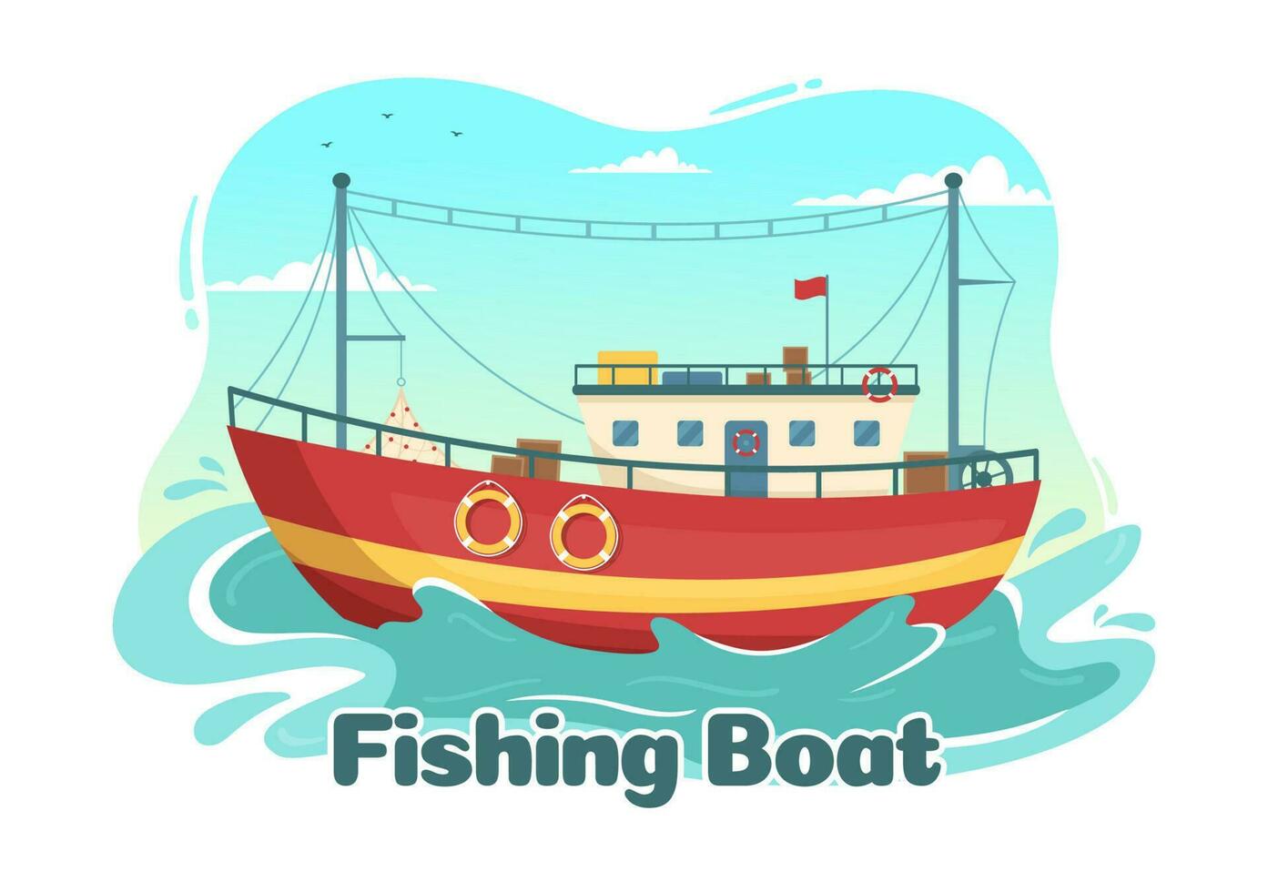 Fishing Boat Illustration with Fishermen Hunting Fish Using Ship for Web Banner or Landing Page in Flat Cartoon Hand Drawn Vector Templates