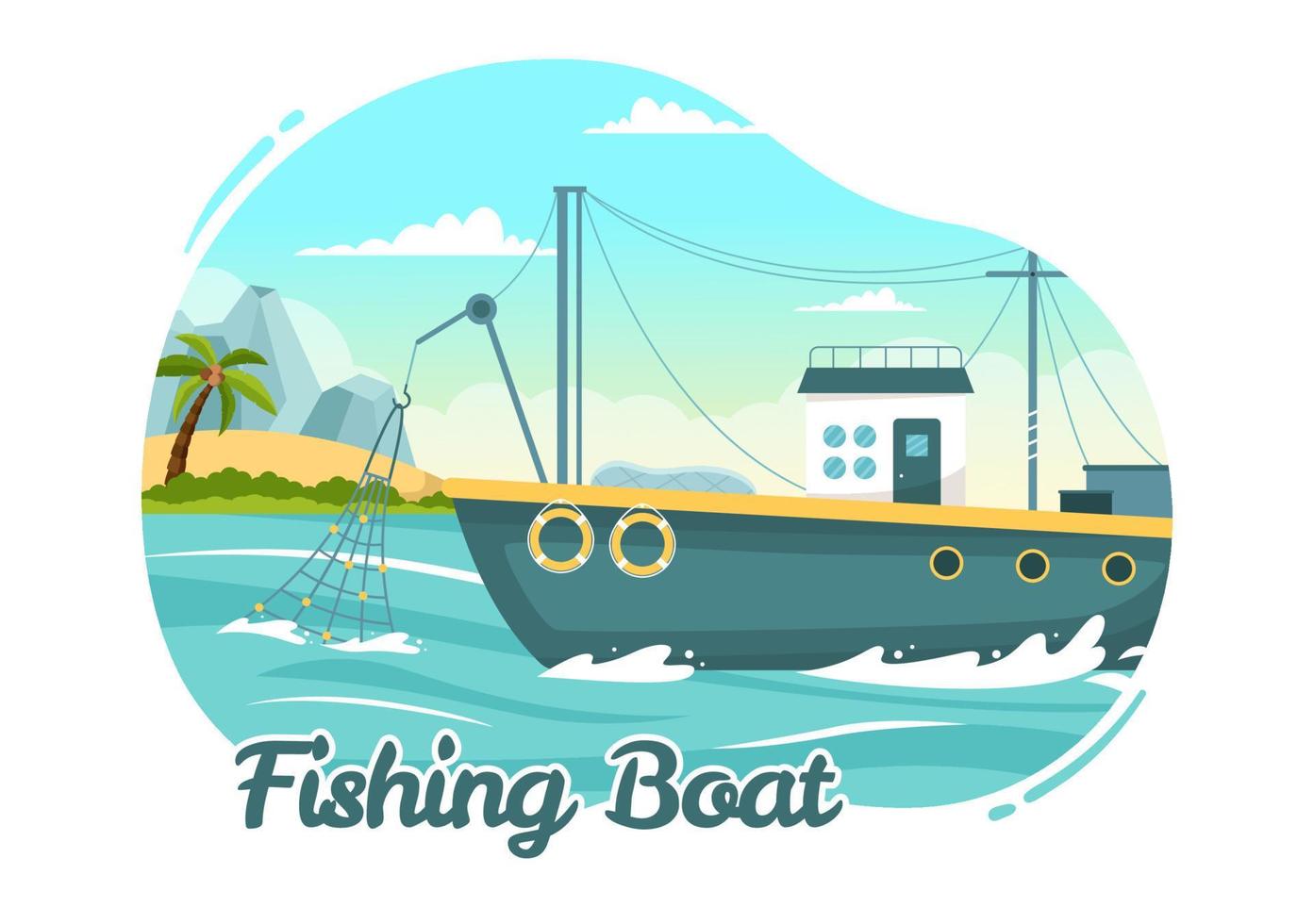 Fishing Boat Illustration with Fishermen Hunting Fish Using Ship for Web Banner or Landing Page in Flat Cartoon Hand Drawn Vector Templates