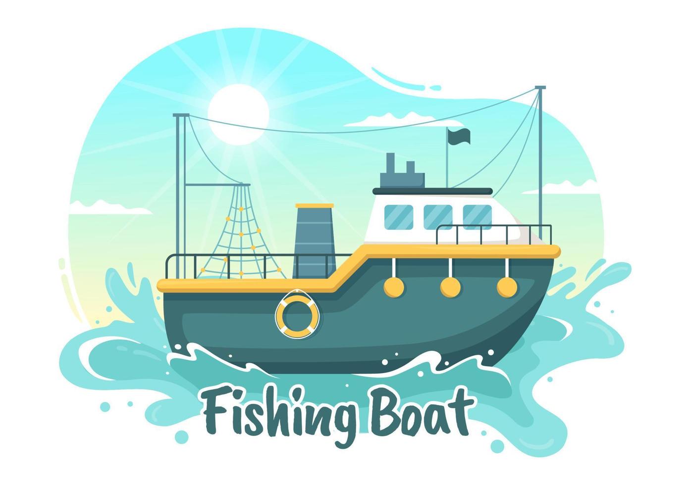 Fishing Boat Illustration with Fishermen Hunting Fish Using Ship for Web Banner or Landing Page in Flat Cartoon Hand Drawn Vector Templates