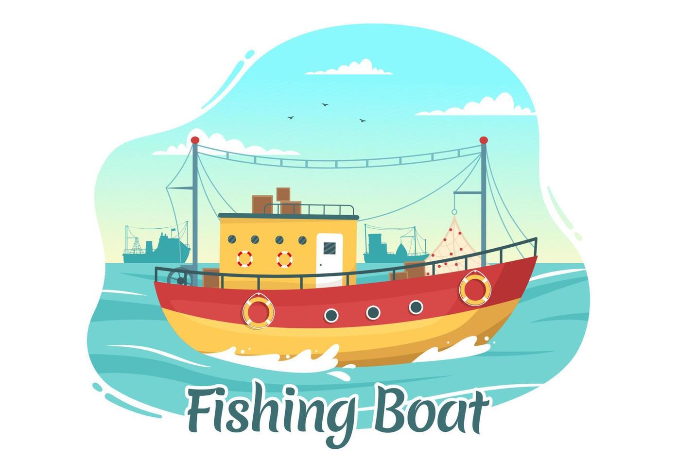 Fishing Boat Illustration with Fishermen Hunting Fish Using Ship for Web Banner or Landing Page in Flat Cartoon Hand Drawn Vector Templates