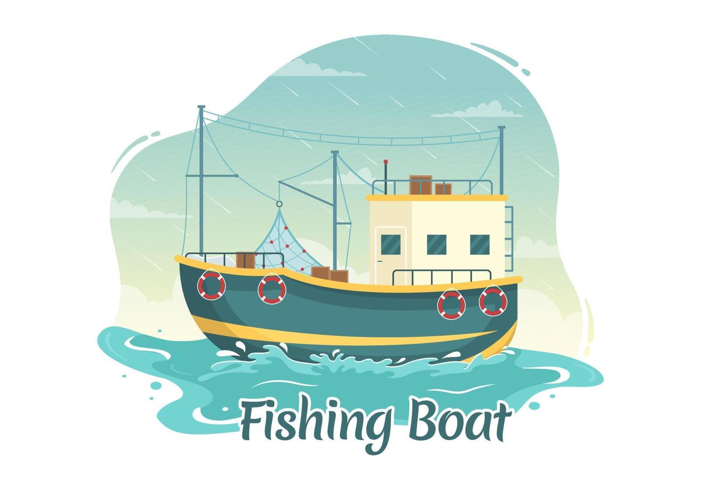 Fishing Boat Illustration with Fishermen Hunting Fish Using Ship for Web Banner or Landing Page in Flat Cartoon Hand Drawn Vector Templates