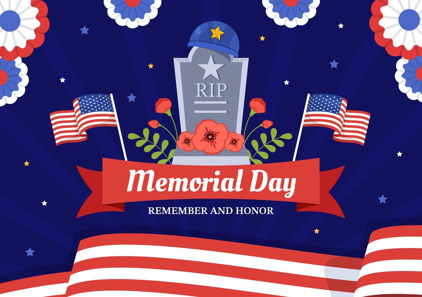 Memorial Day Illustration with American Flag, Remember and Honor to Meritorious Soldier in Flat Cartoon Hand Drawn for Landing Page Templates vector