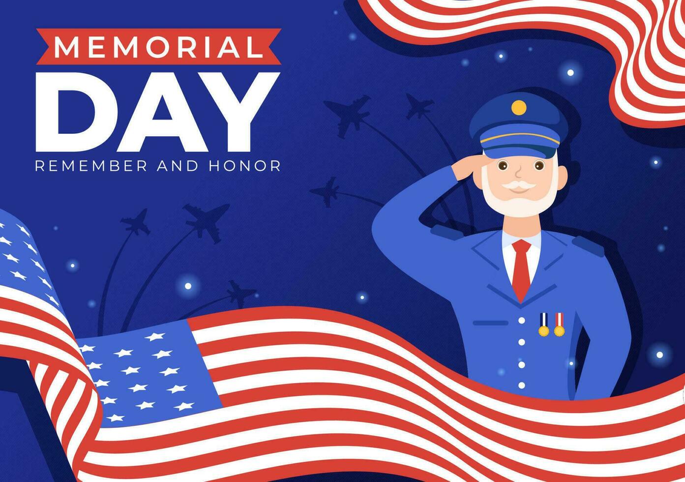 Memorial Day Illustration with American Flag, Remember and Honor to Meritorious Soldier in Flat Cartoon Hand Drawn for Landing Page Templates vector