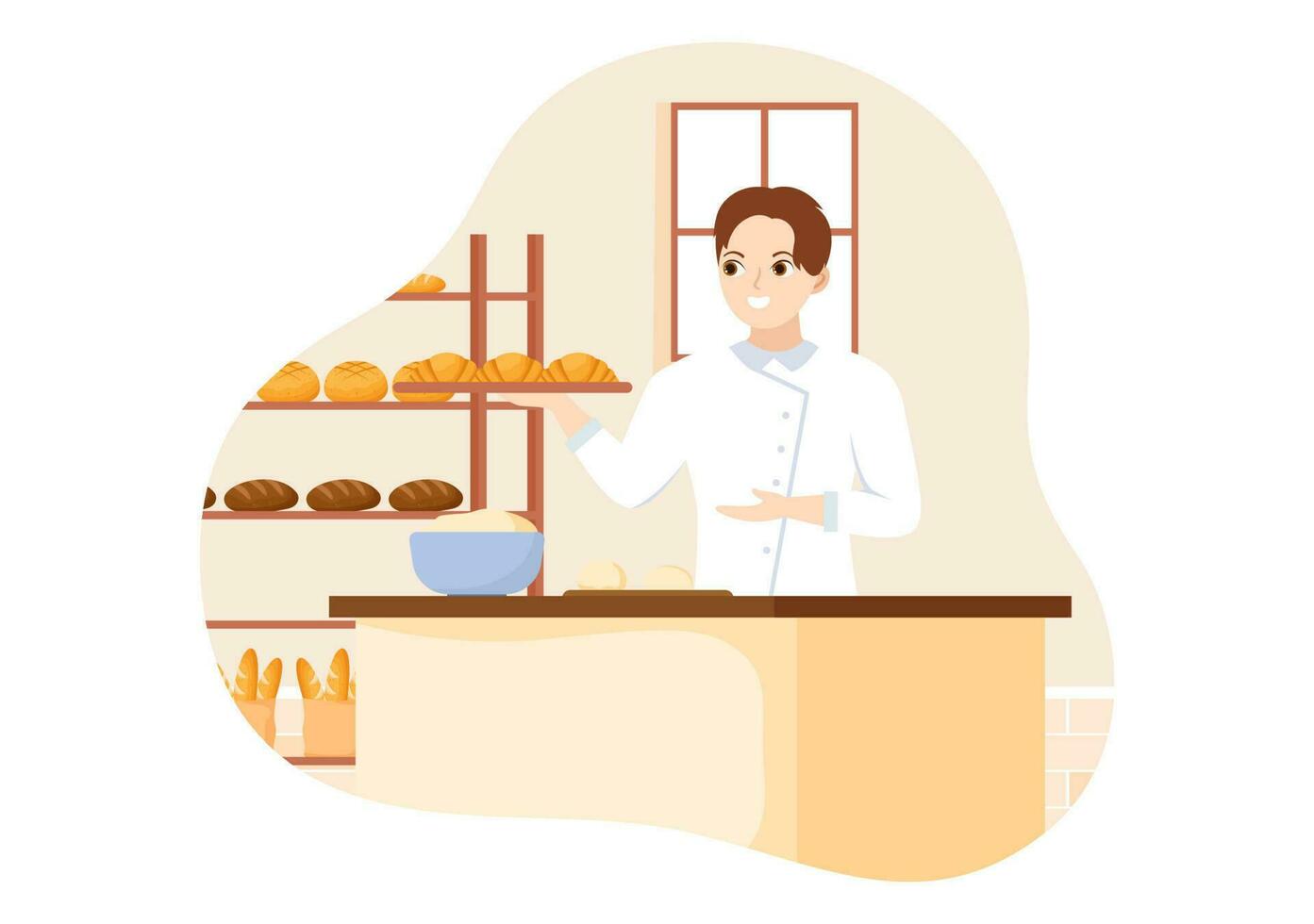 un pan molino ilustración con trigo sacos, varios panes y molino para web bandera o aterrizaje página en plano dibujos animados mano dibujado plantillas vector
