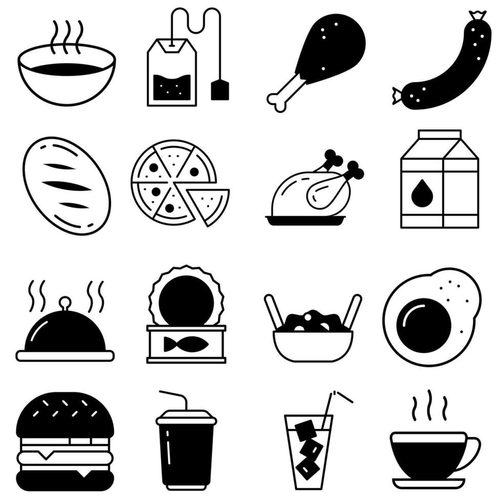 comida y bebida icono vector colocar. funeral ilustración firmar recopilación. cocina símbolo. cocinar logo.