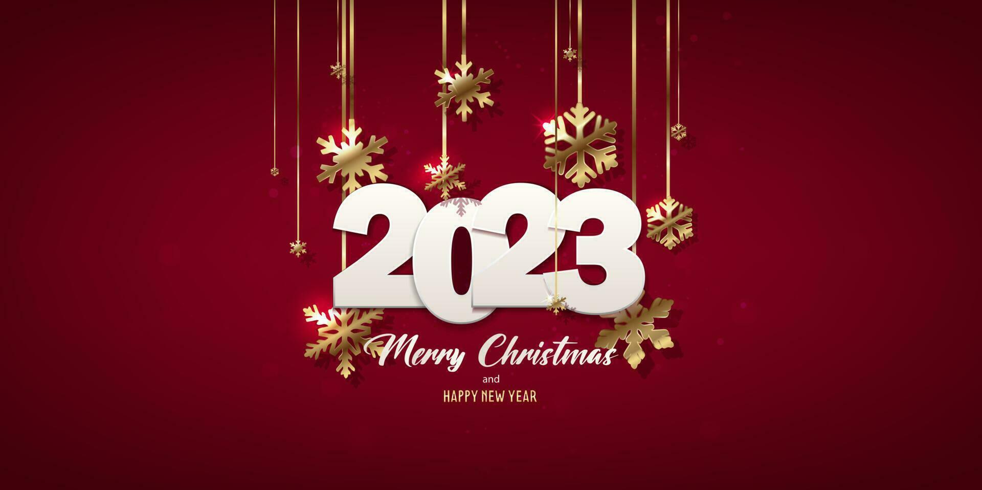 Vector illustration Merry Christmas and happy new year background. Holiday greeting banner, flyer and card. 2023 numbers with hanging golden snowflakes on red background.