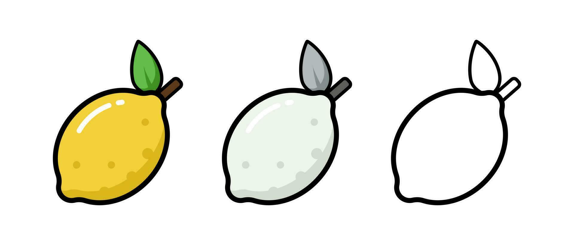 Vector icon illustration. Colorful lemon collection in gray, black and color. Isolated on white background.