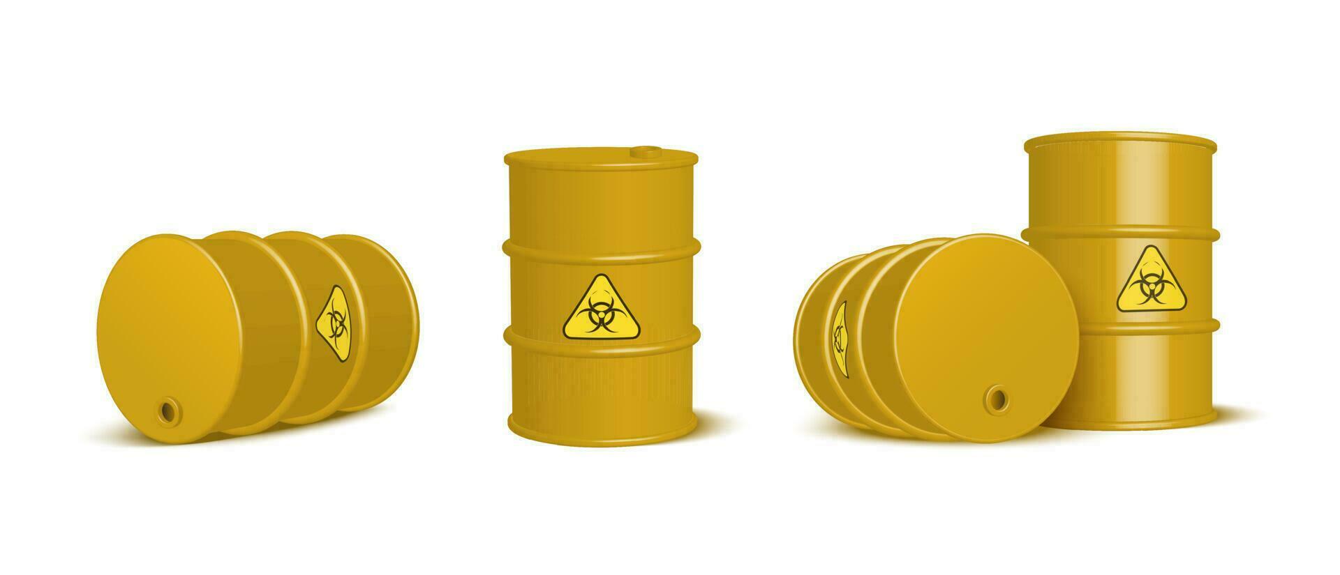 3d realistic vector icon illustration biohazard waste yellow barrels. Isolated on white background.