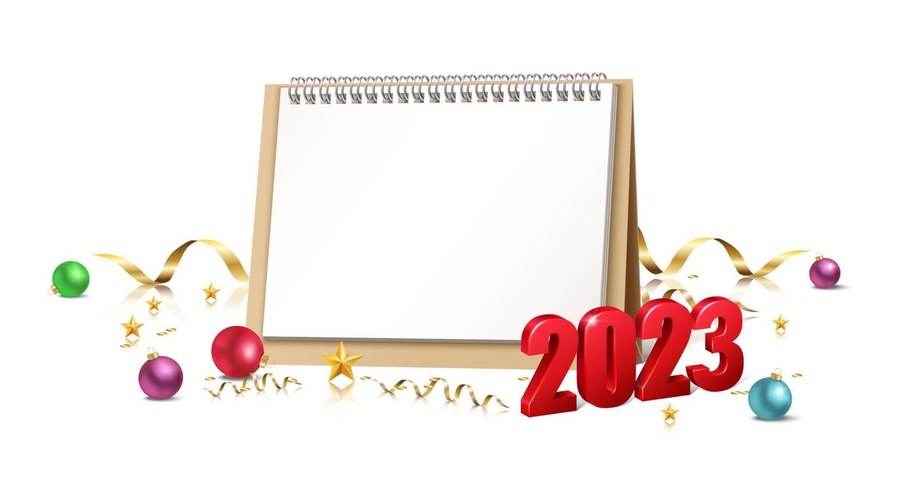 Happy New Year 2023. Merry Christmas. Template for greeting card, banner, flyer. Calendar with 2023. vector