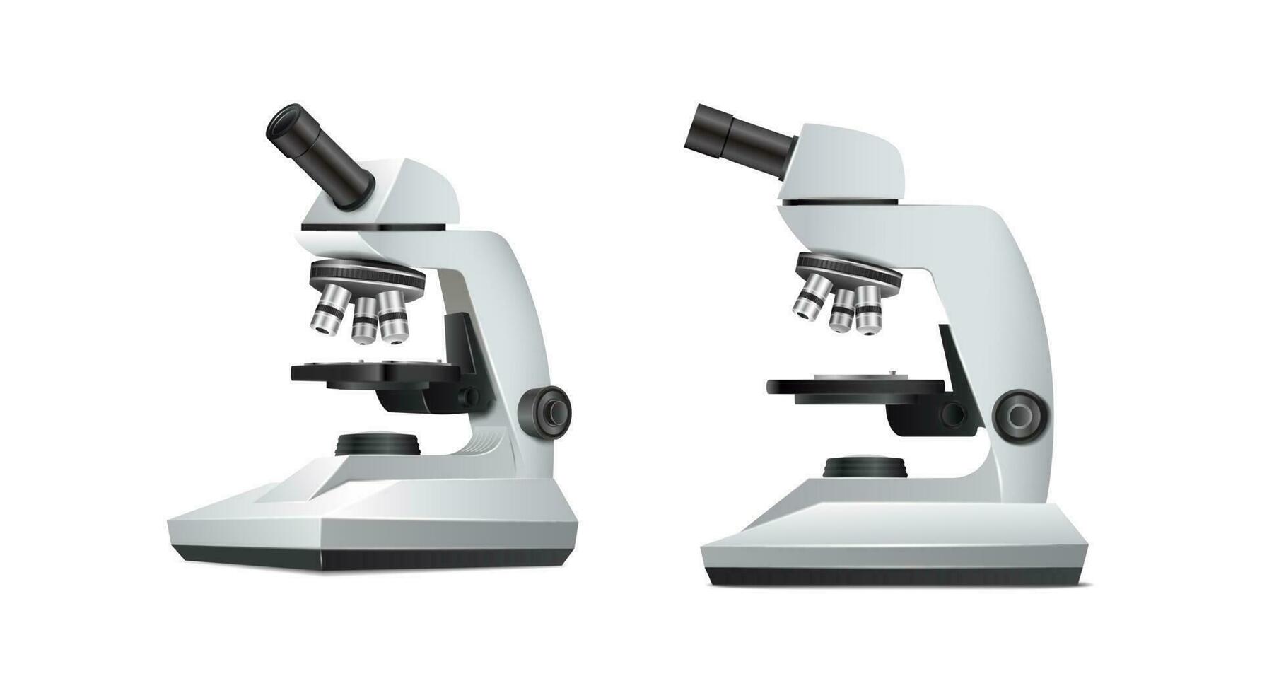 3d realistic vector icon. Laboratory equipment microscope. Sience and biology lab, chemistry, pharmaceutical concept. Side and front view.