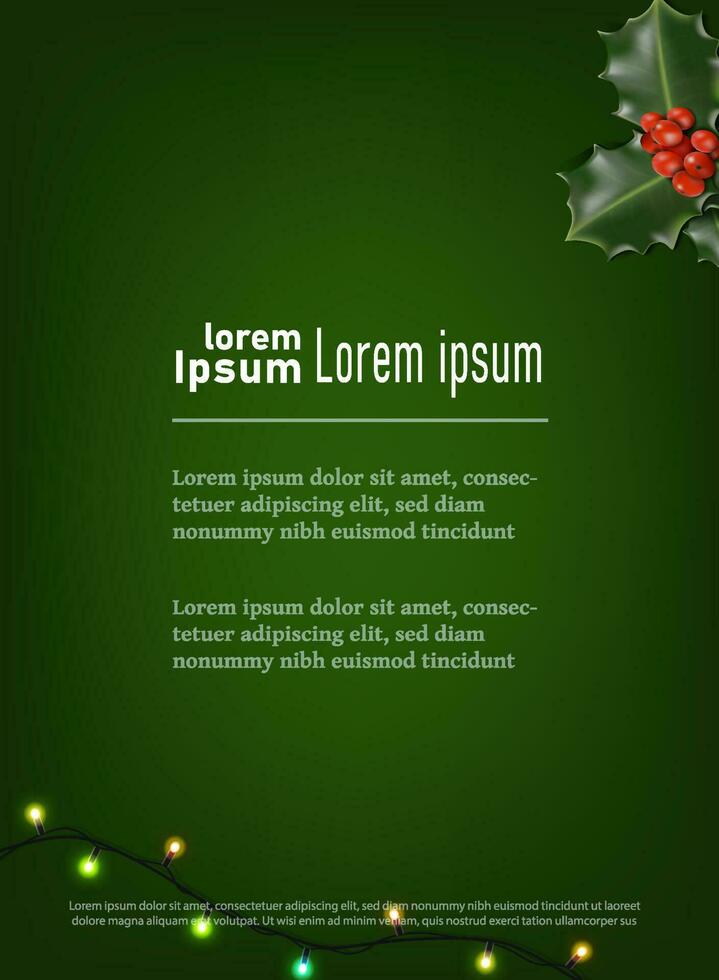 Vector banner illustration. Green flyer with christmas lights and green leaves.