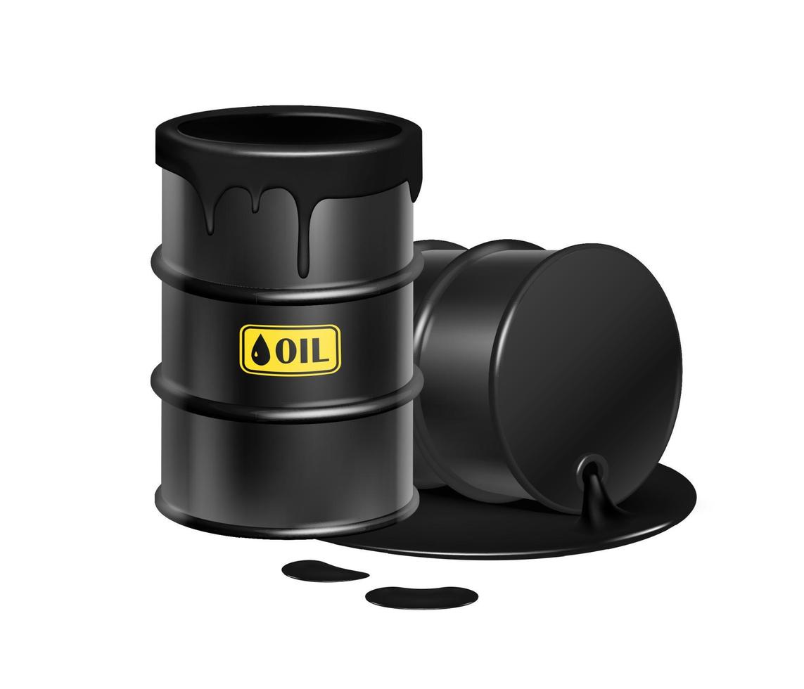 3d realistic vector illustration. Open black oil barrels with  spilled black liquid.