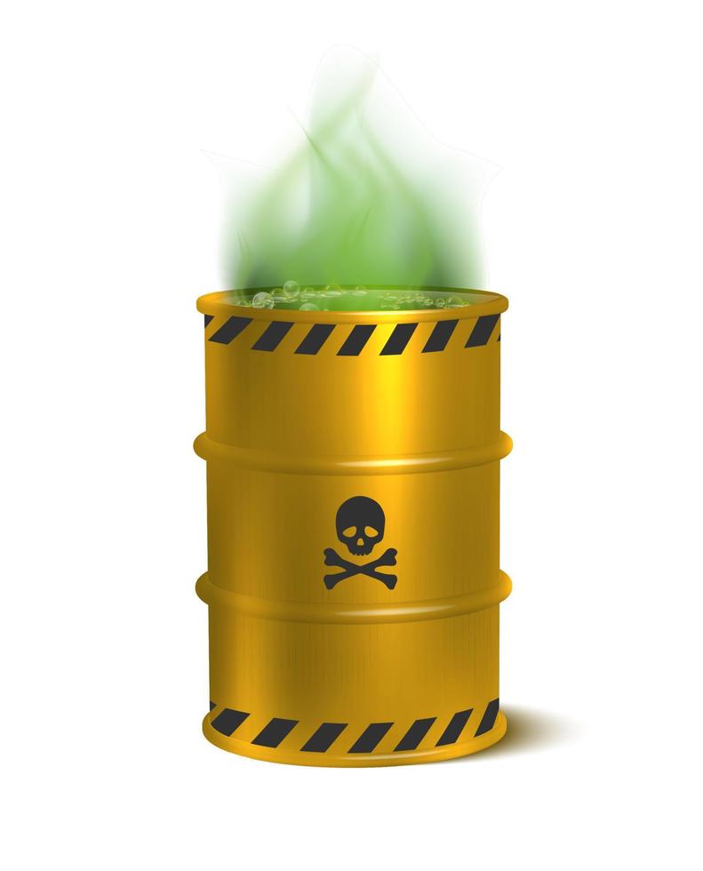 3d realistic vector icon illustration toxic waste yellow barrel. Isolated on white background.