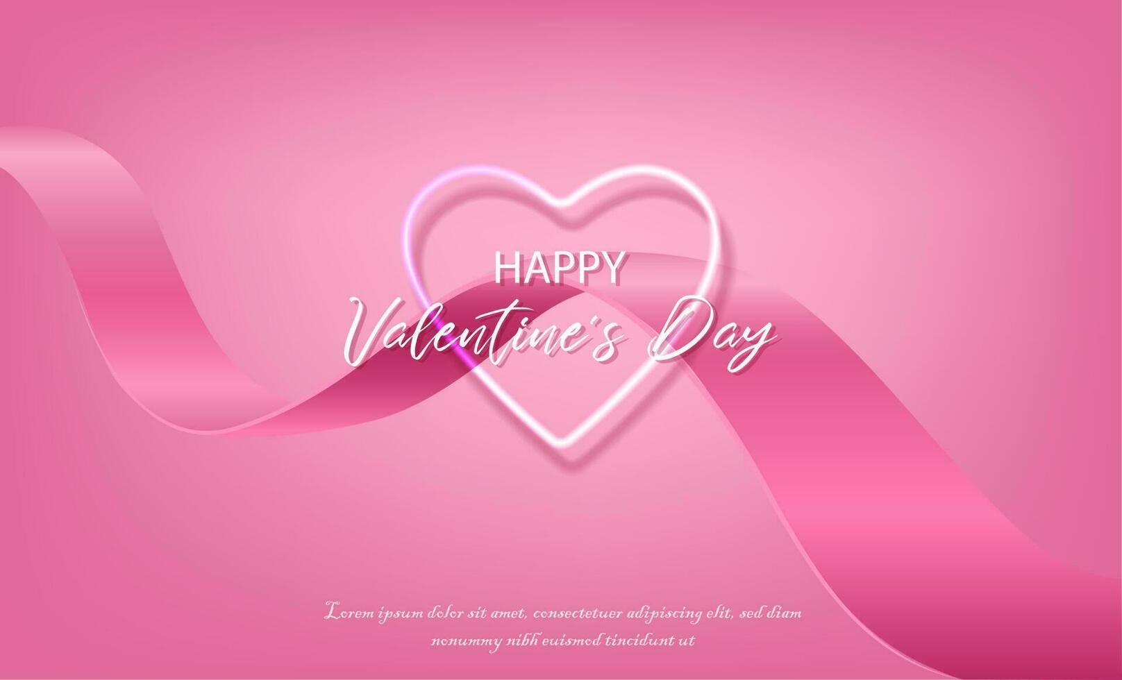 3d realistic vector Valentines banner. Romantic celebration banner, flyer, web, greeting card. Pink background with neon heart and ribbon.