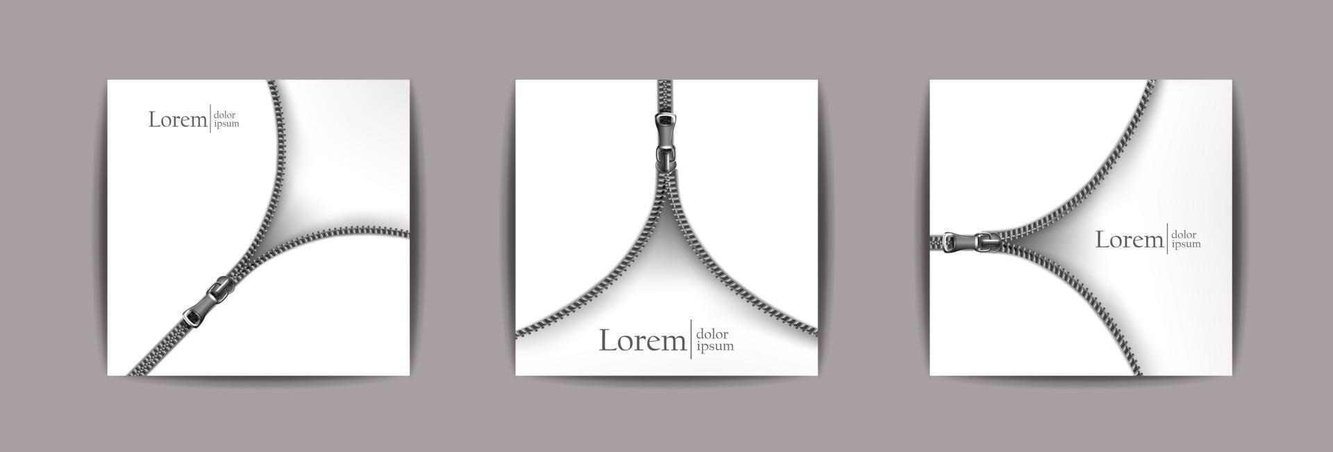 Set of 3d realistic vector open zipper backgrounds. Design concept banner.