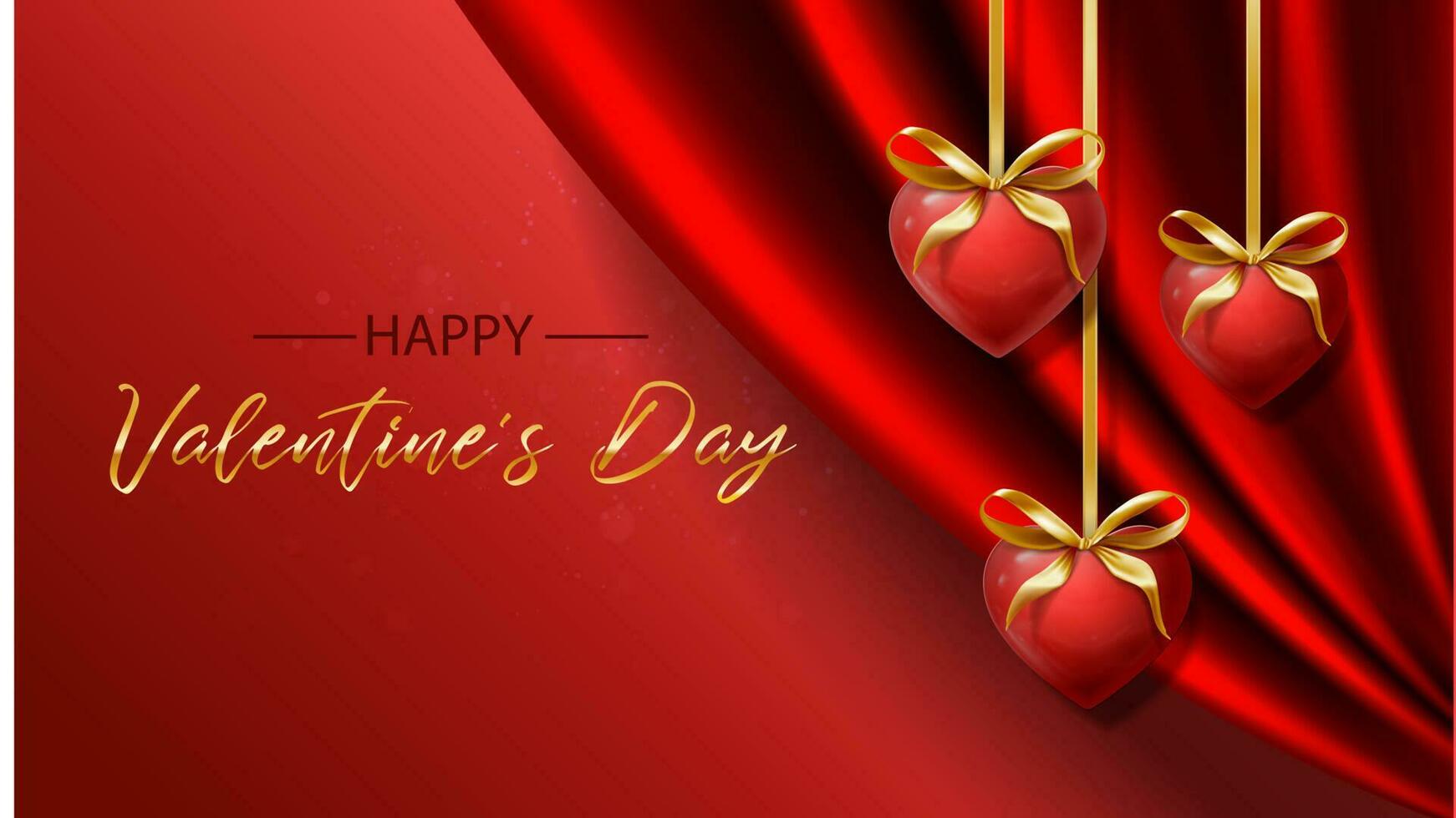 3d realistic vector Valentines banner. Romantic celebration banner, flyer, web, greeting card. Red hearts hanging on golden ribbon and red drapery.