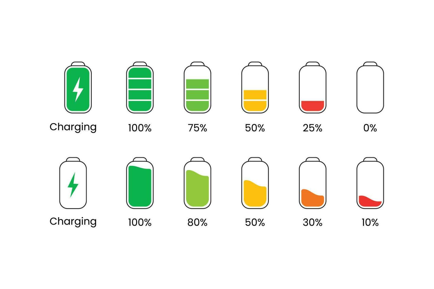 Different types of battery with different colors including 100  and 75 present Battery power vector