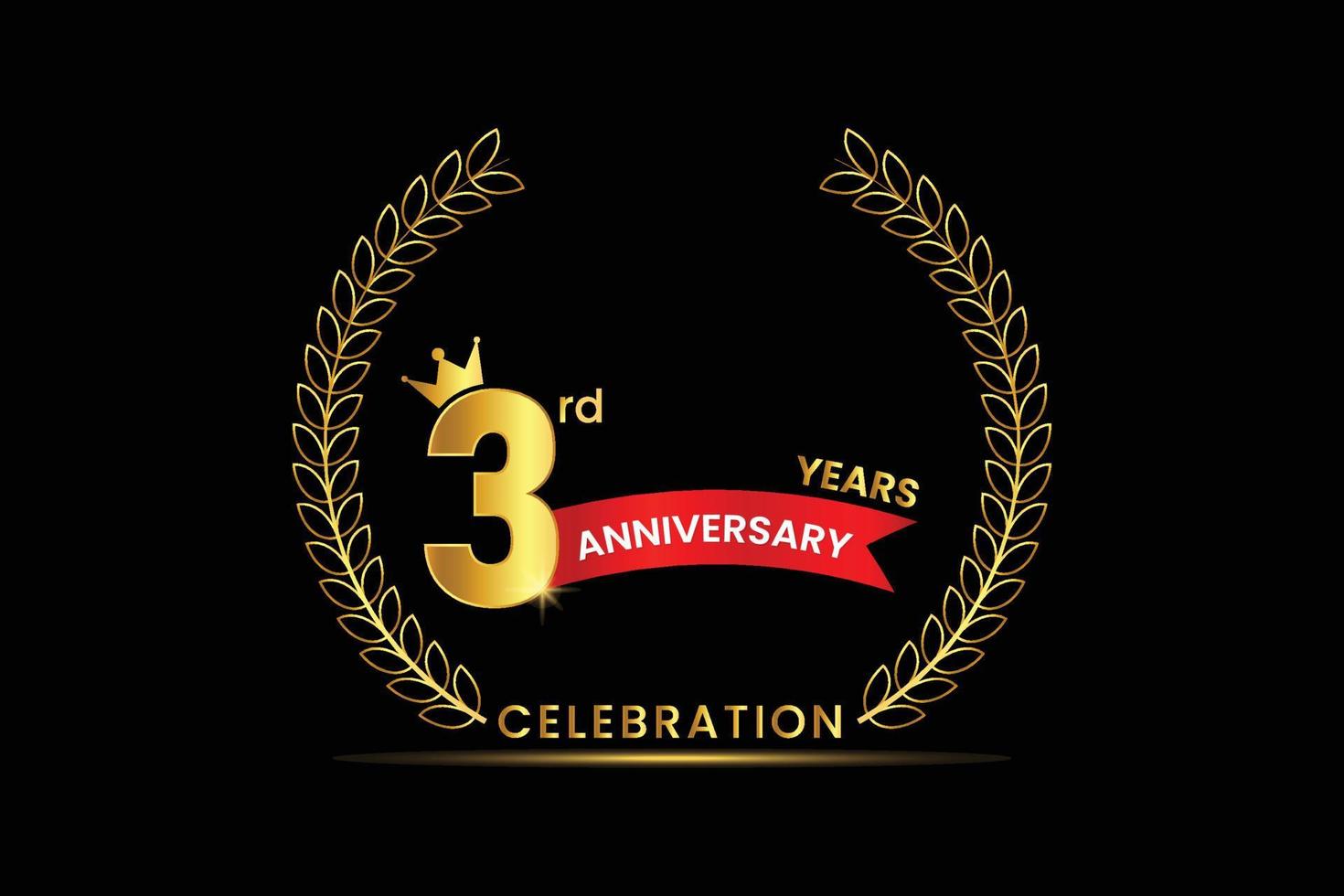 3rd Years Anniversary golden banner design with red ribbon. vector
