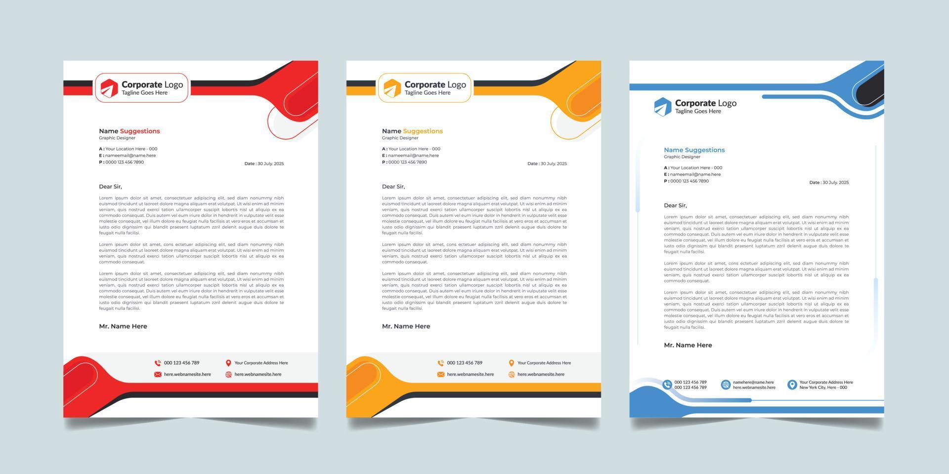 Minimal Corporate Business Modern Letterhead Design Template Creative Abstract Official Pad with Orange, Blue and Red Color. vector