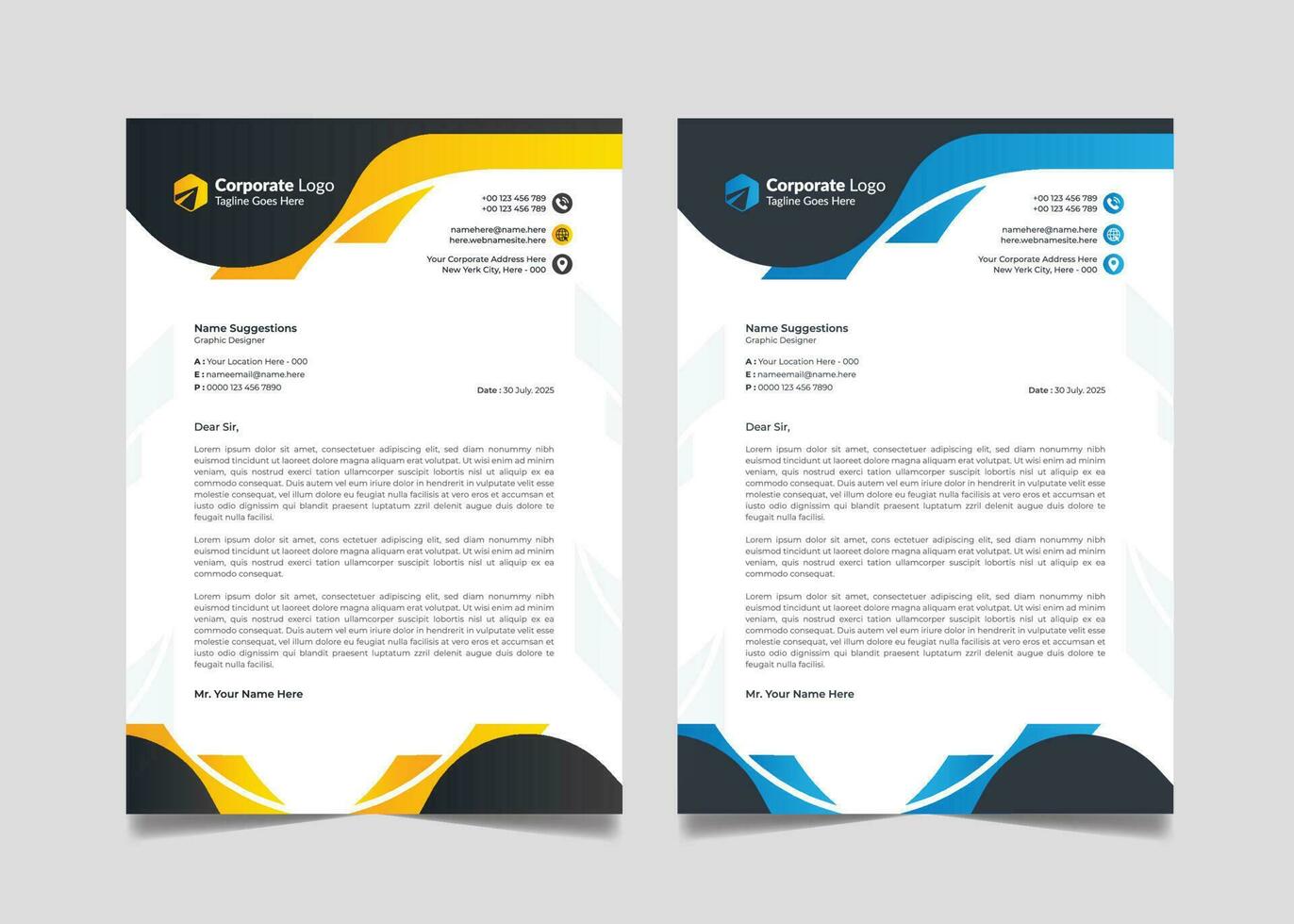 Minimal Corporate Business Modern Letterhead Design Template Creative Abstract Letter Head Pad Concept with Yellow Blue and Black Color. vector