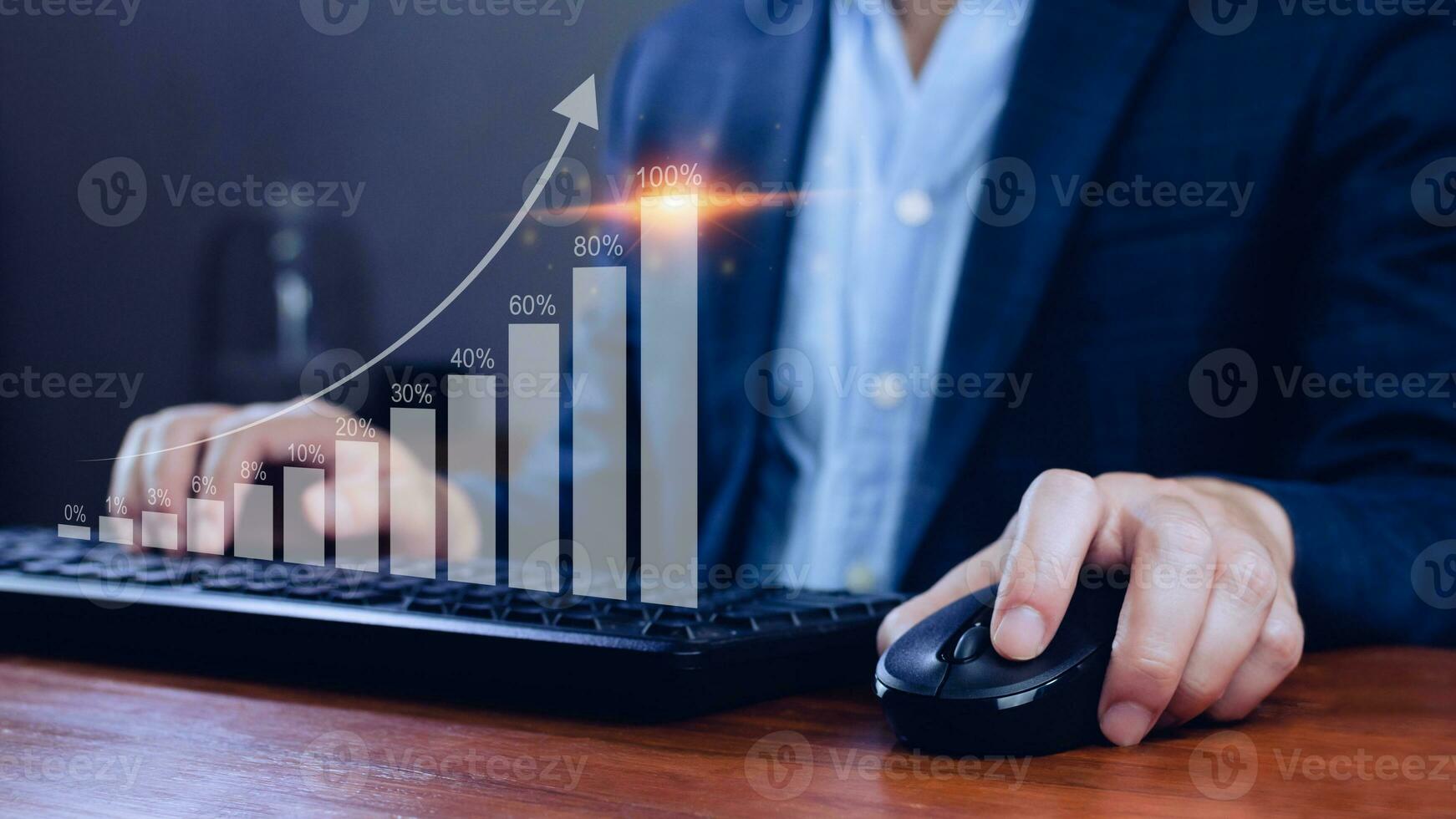 Businessman showing business growth on graph Hands touching graphs representing increasing profits, financial symbols coming photo