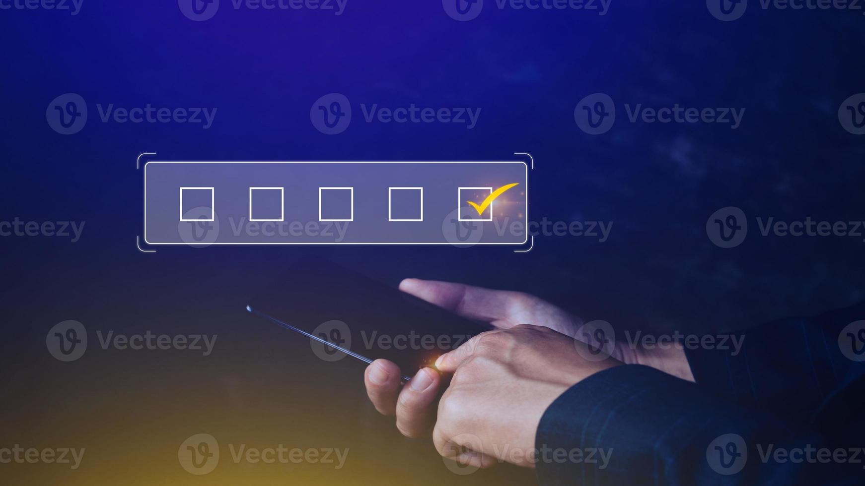Businessman tick correct sign mark for document approve , project acceptance and quality assurance concept, take an assessment, questionnaire, evaluation, online survey online exam check list photo