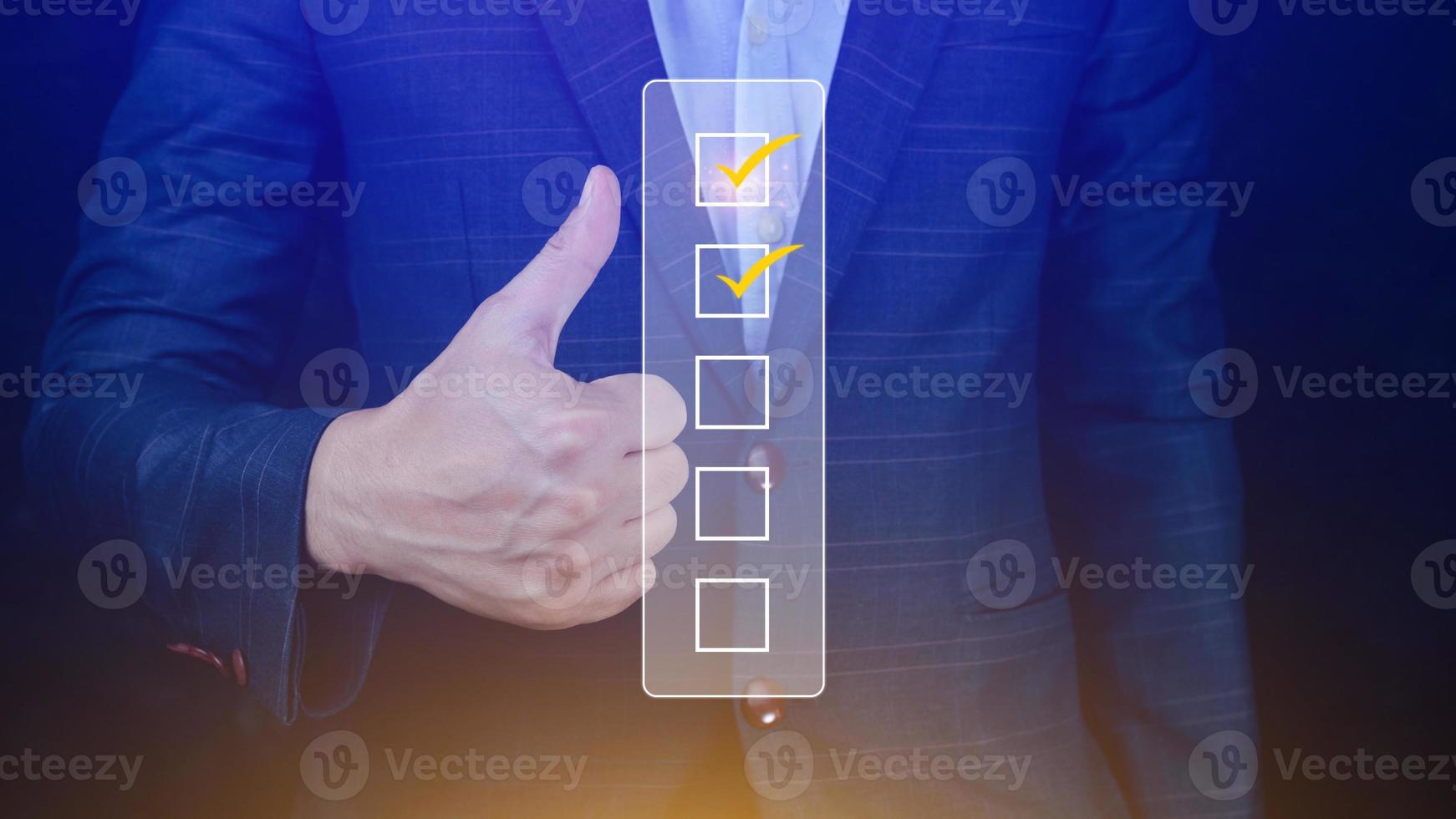 Businessman tick correct sign mark for document approve , project acceptance and quality assurance concept, take an assessment, questionnaire, evaluation, online survey online exam check list photo