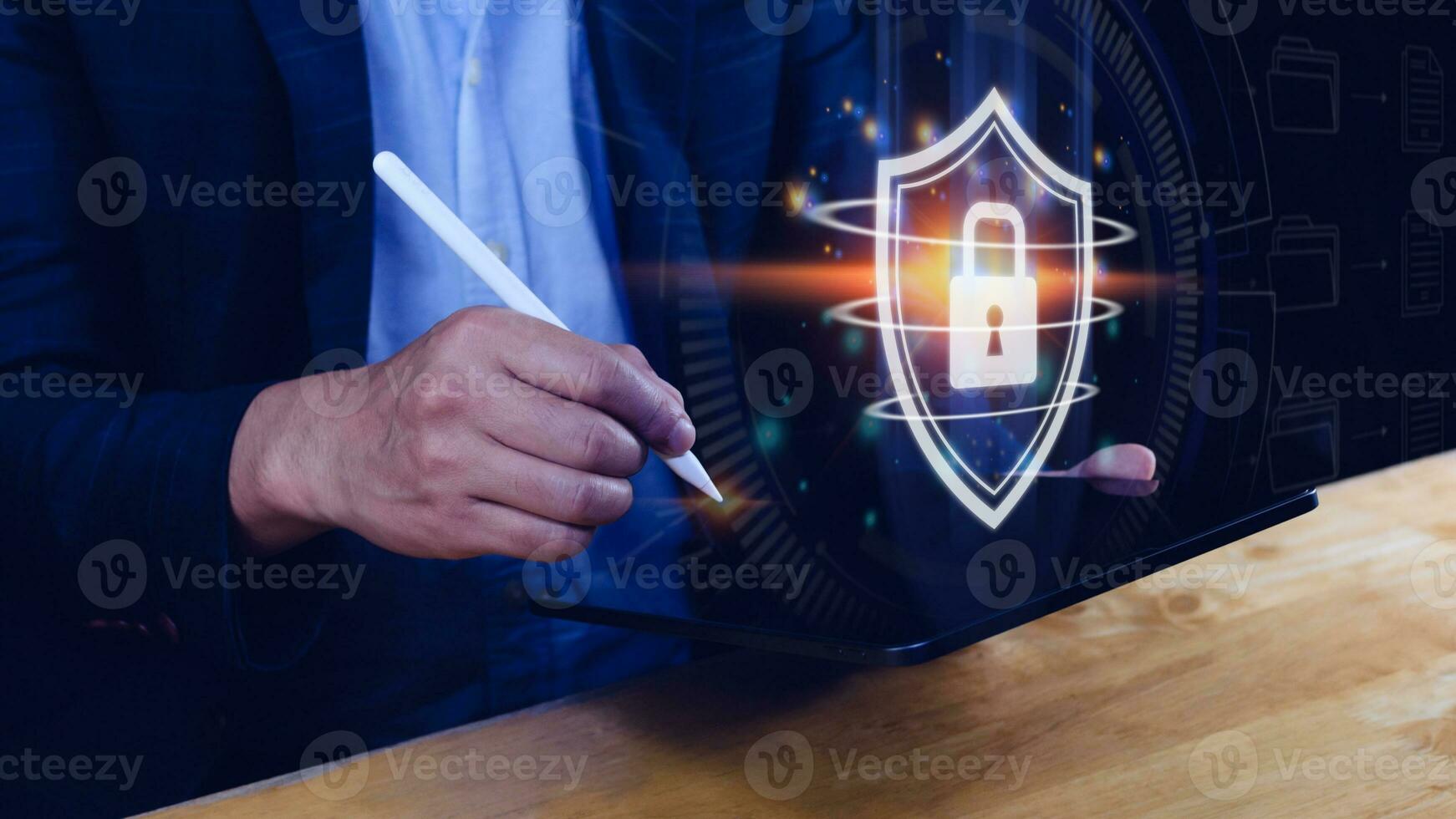 Computer network protection, secure and safe your data concept, businessman holding shield protection icon, Security shield Lock Security Businessman Protect Concept photo