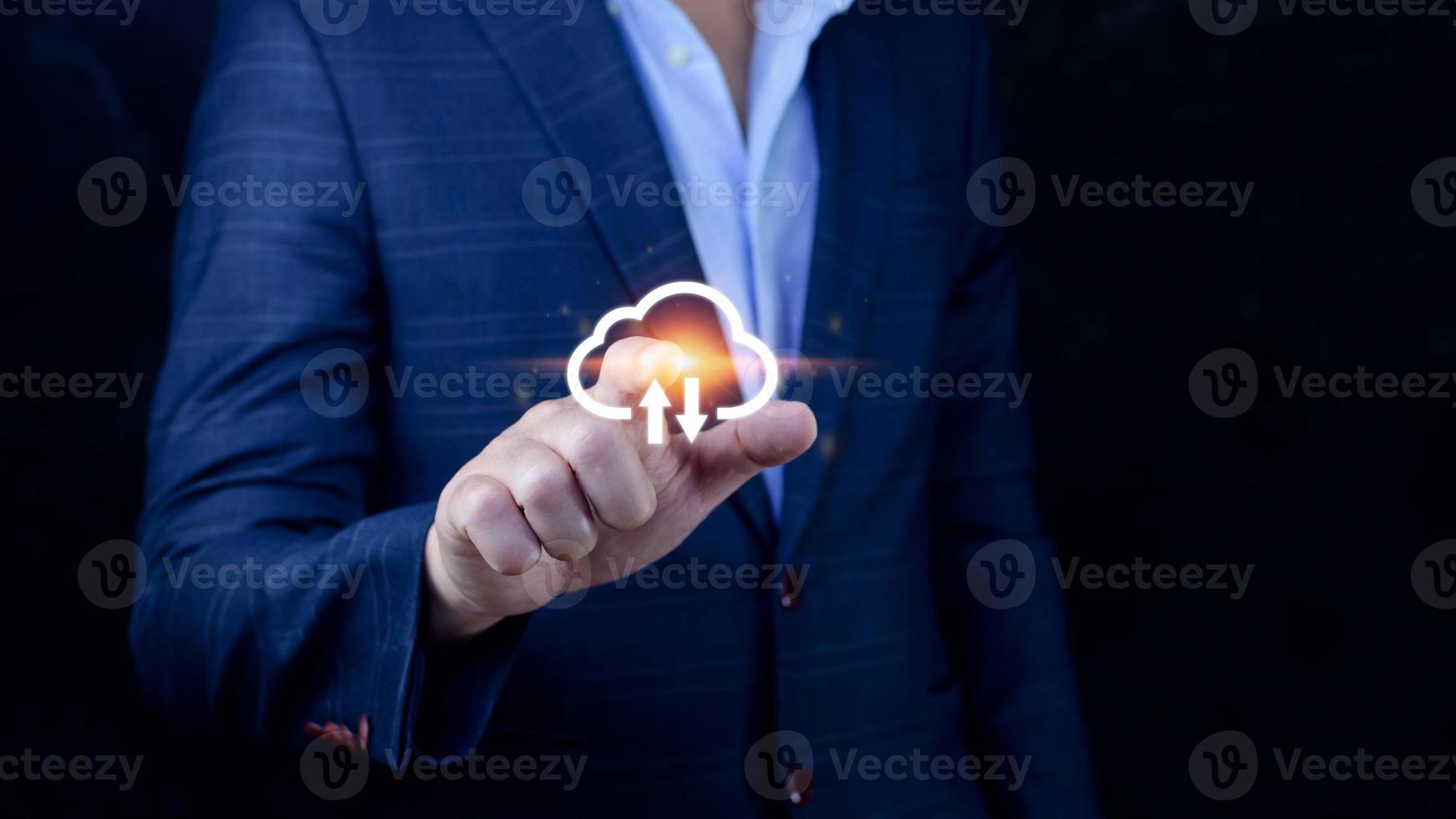 Businessman touching virtual cloud computing to transfer database. information upload, download application. Technology business transformation data concept..Big data Concept photo