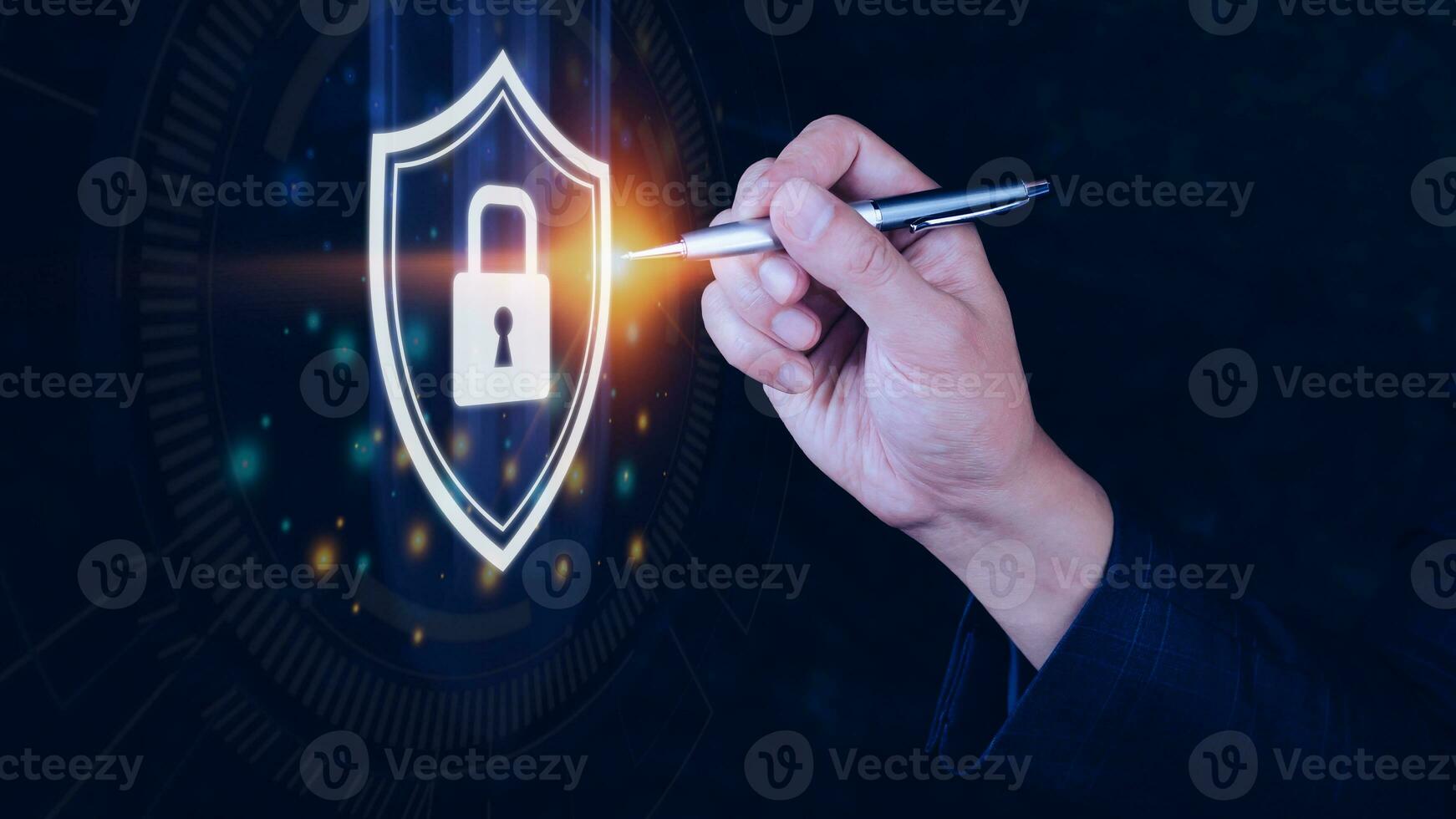 Computer network protection, secure and safe your data concept, businessman holding shield protection icon, Security shield Lock Security Businessman Protect Concept photo