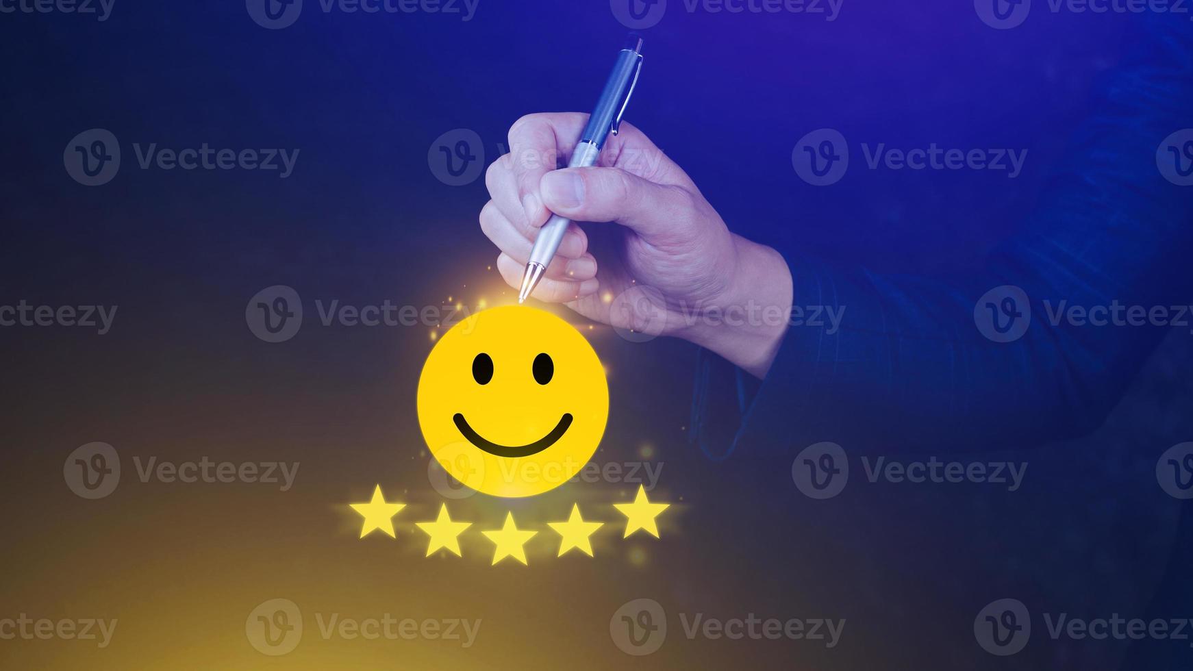 Customer services best excellent business rating experience, Positive Review and Feedback, Satisfaction survey concept. Hand of a businessman show happy smile face with five star. photo