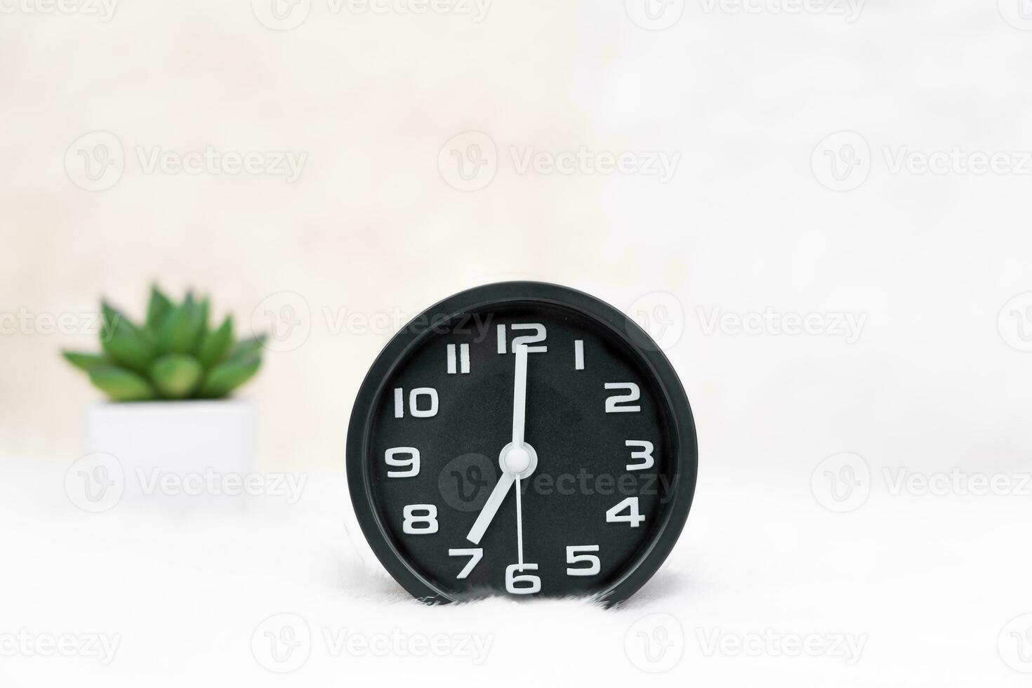 Black alarm clock and little decorative tree in vase on table photo