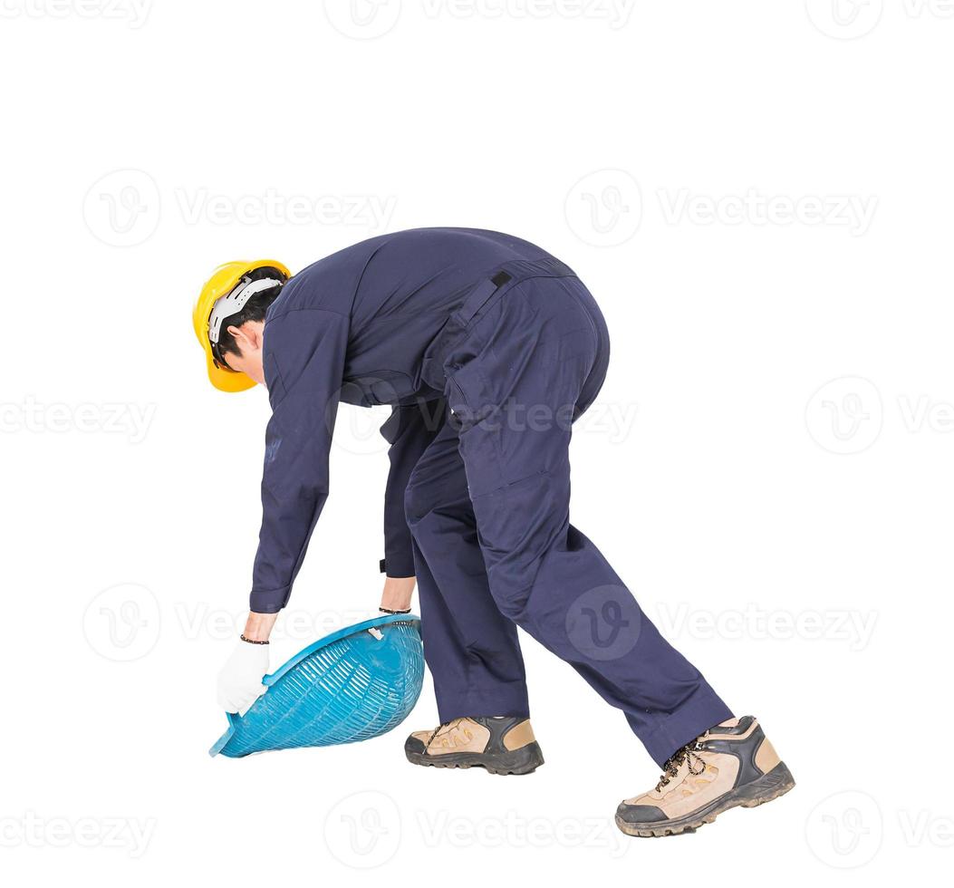 Young worker hold Hod or clam-shell shaped basket photo