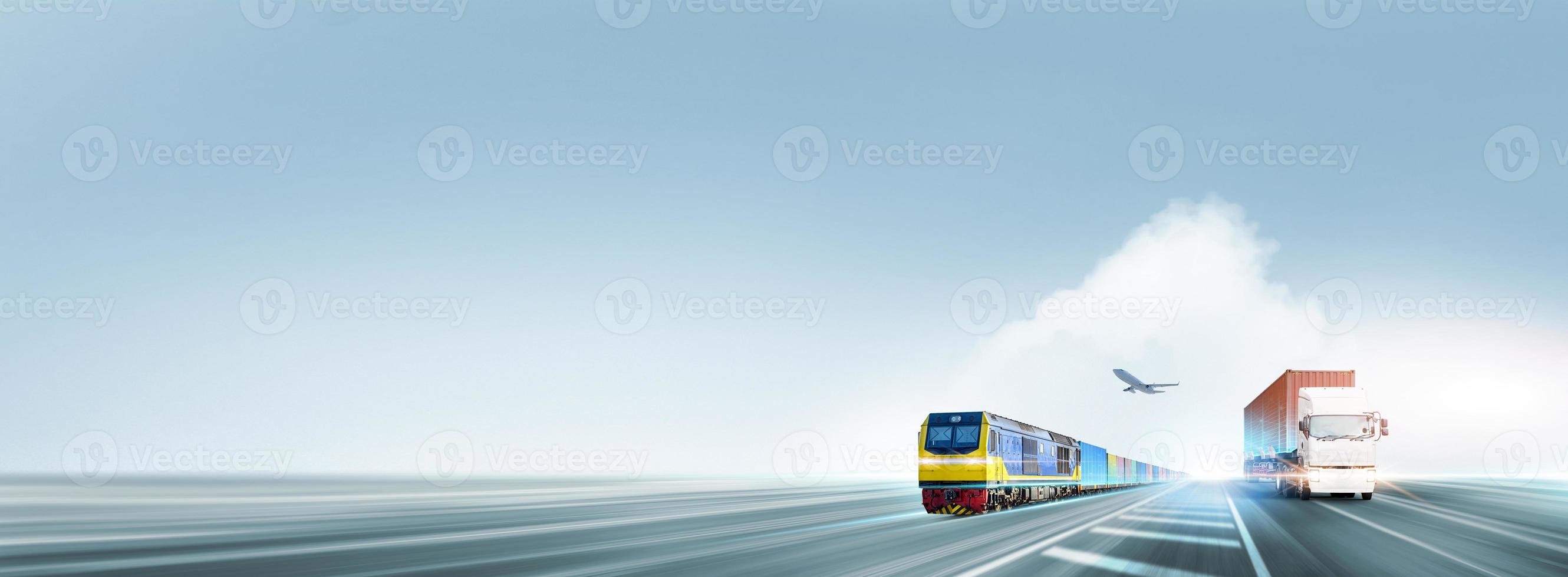 Technology Digital Future of Cargo Container Logistics Transport Concept, Freight Train, Plane, Truck on Highway Road at Blue Sky, Copy Space, Modern Futuristic Transportation Import Export Background photo