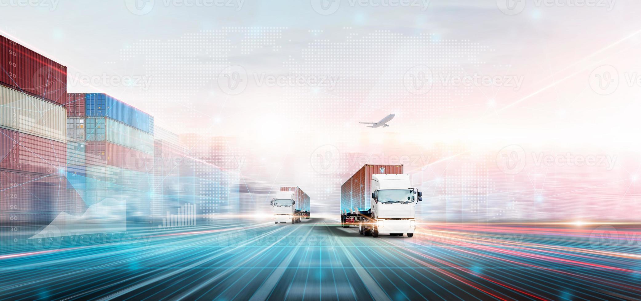 Technology Digital Future of Cargo Container Logistics Transport Concept, Double Exposure Polygon Wireframe of Container Freight Truck, Plane, Modern futuristic Import Export Transportation Background photo