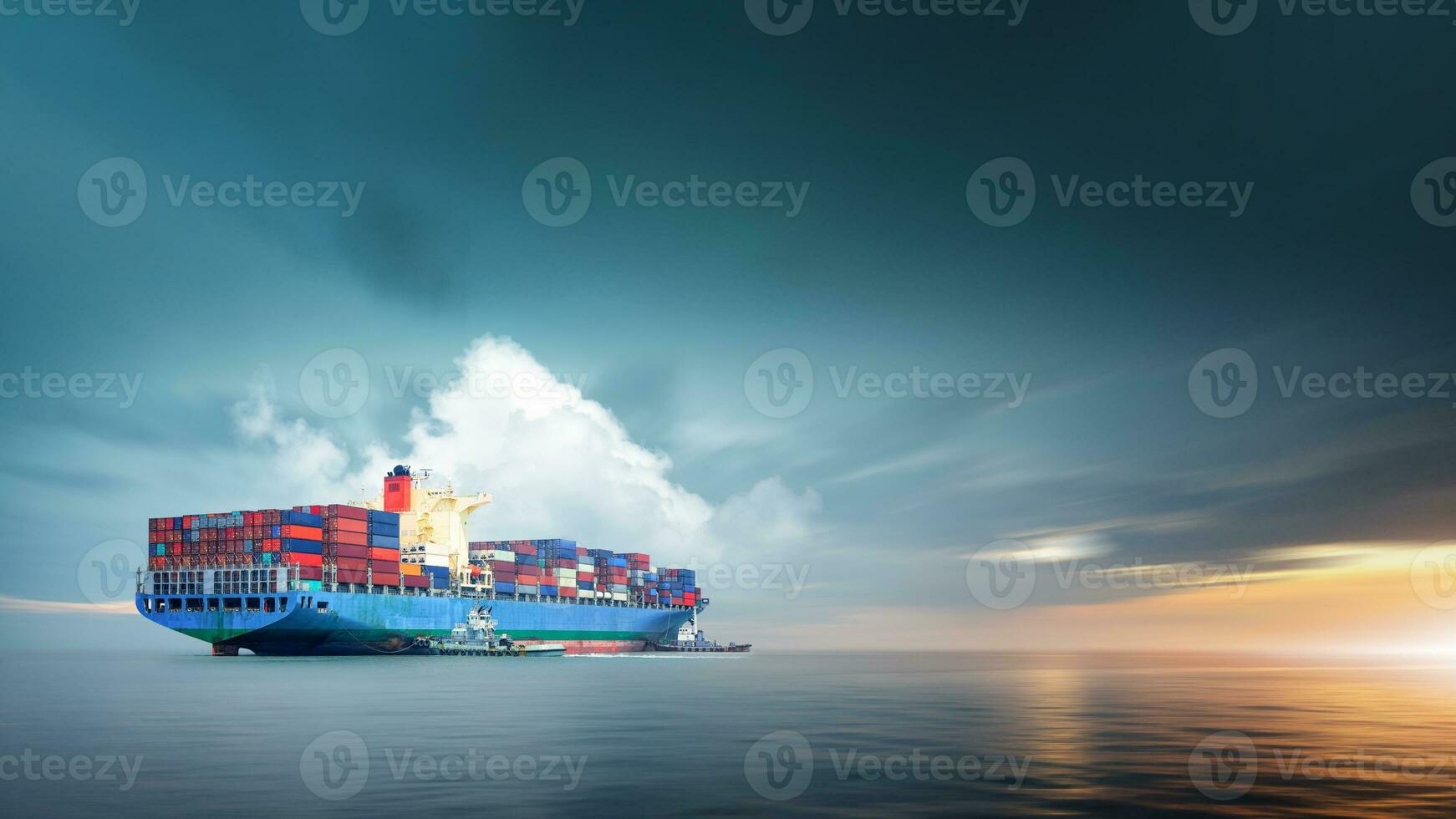 Container cargo ship in ocean at sunset dramatic sky background with copy space, Nautical vessel and sea freight shipping, International global business logistics transportation import export concept photo