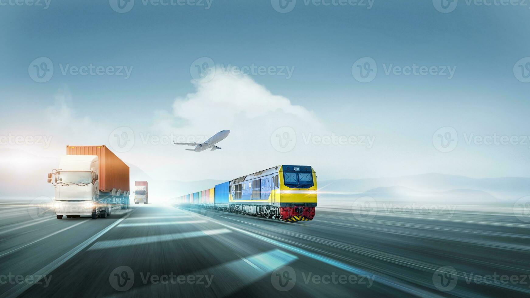 Cargo container transport logistic distribution import export concept of freight train, plane and truck on highway road at blue sky, copy space, global business and modern transportation background photo