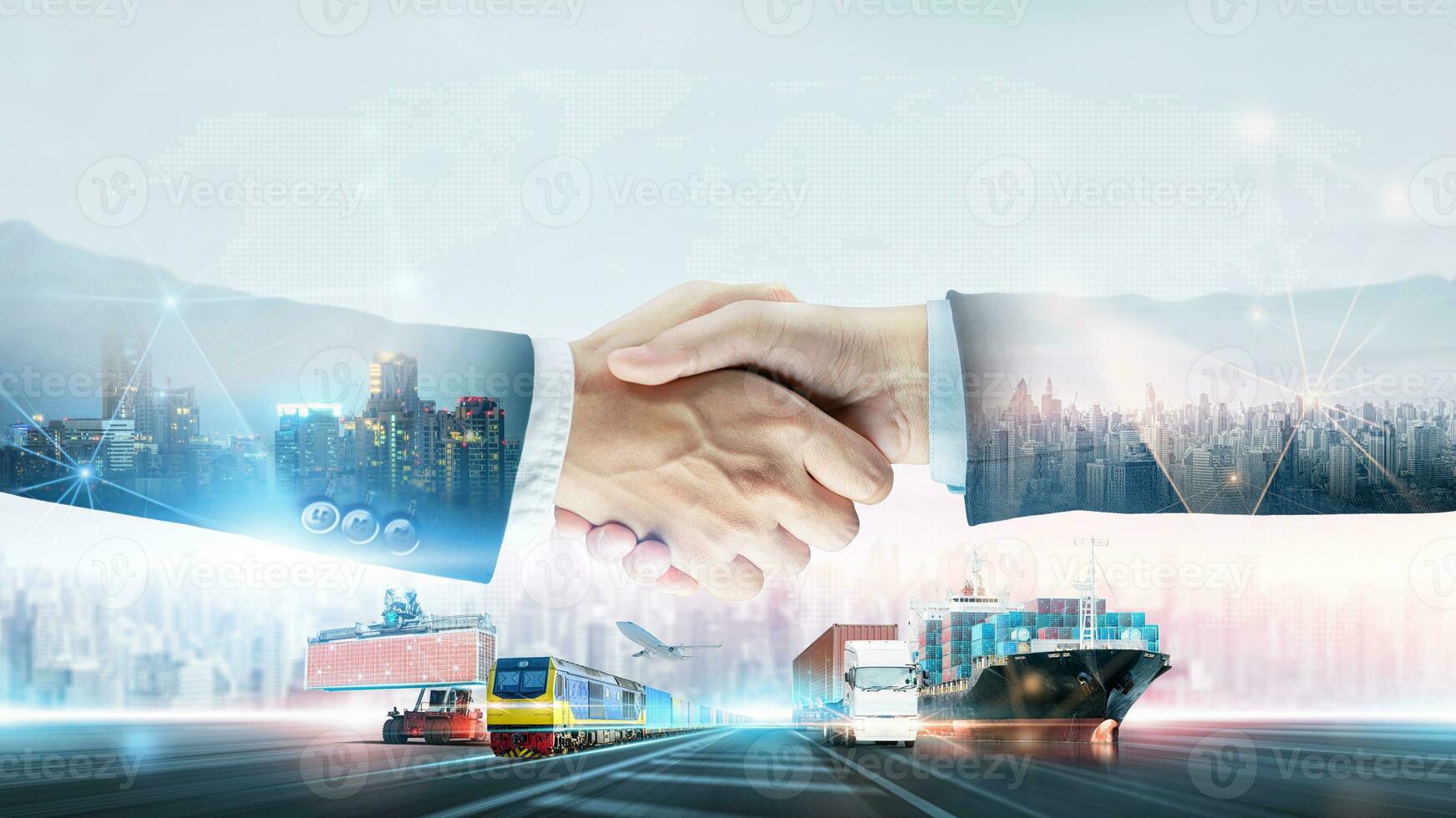 internacional negocio logística transporte trabajo en equipo concepto, doble exposición de apretón de manos camaradería importar exportar entrega antecedentes y moderno futurista de envase carga carga Embarcacion camión foto