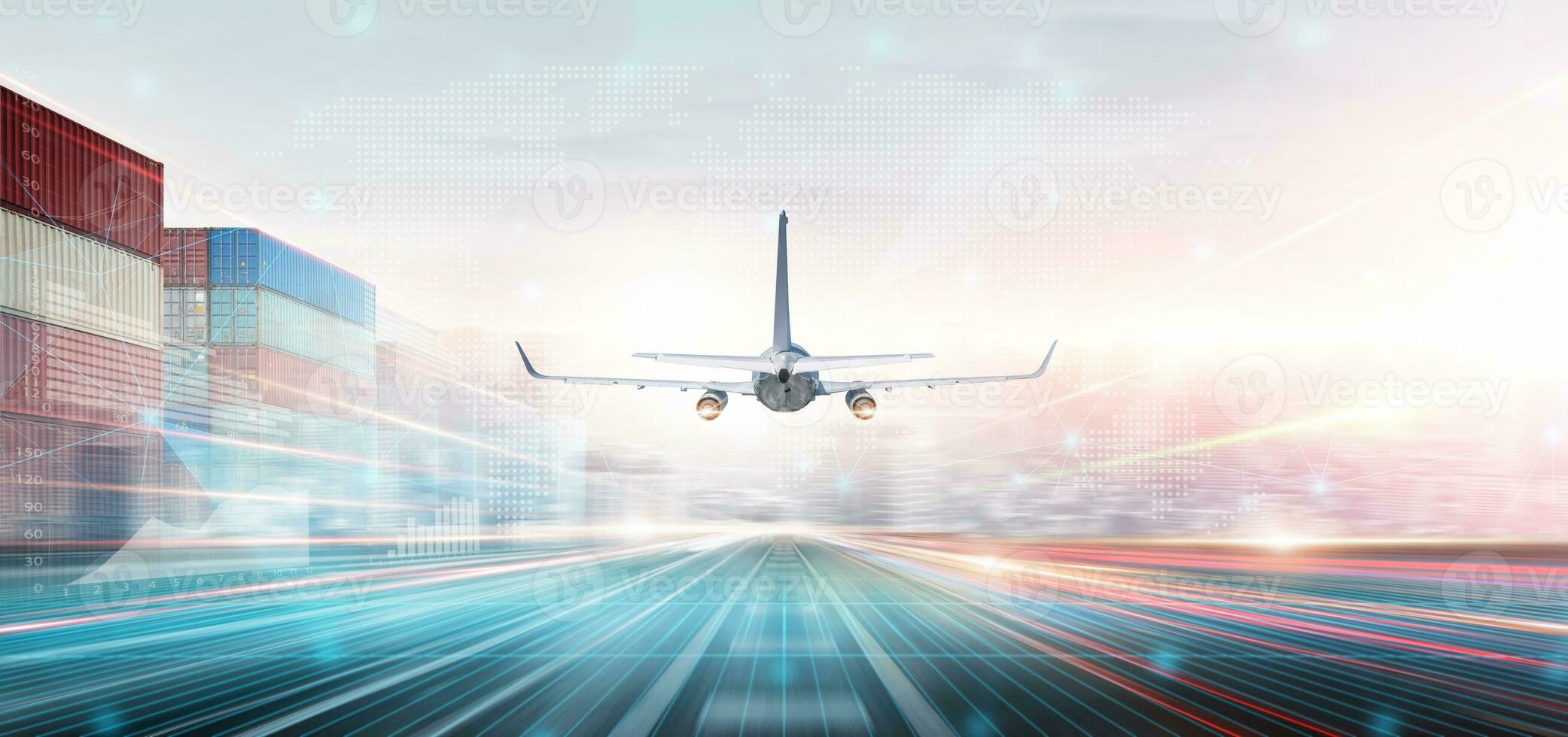 Technology Digital Future of Cargo Plane Logistics Transport Concept, Airplane taking off from Airport runway, Modern Futuristic Transportation Import Export Background, Global Business Distribution photo