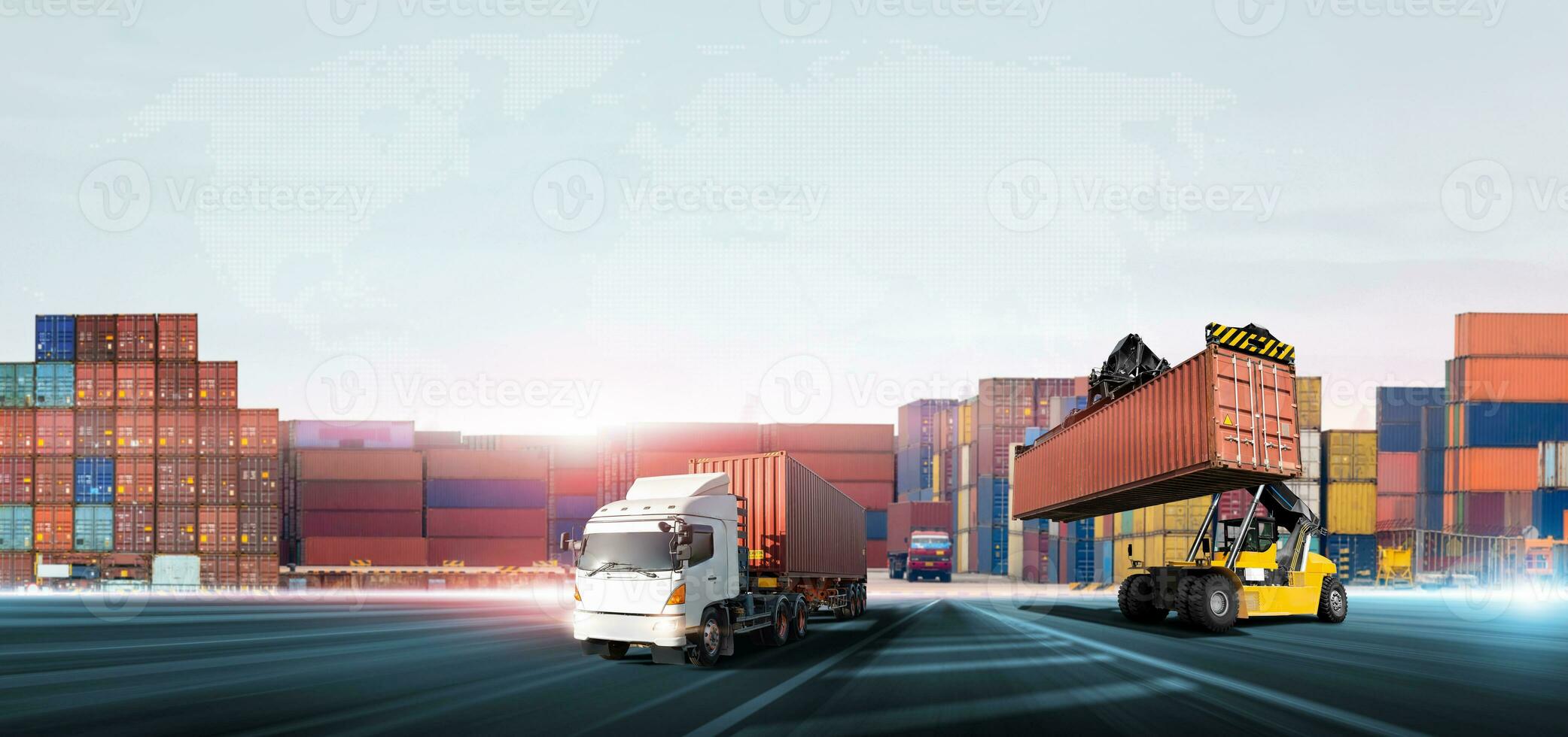 Container handler forklift loading at the docks to truck with stack of colorful containers box background and copy space, Cargo freight shipping import export logistics transportation industry concept photo