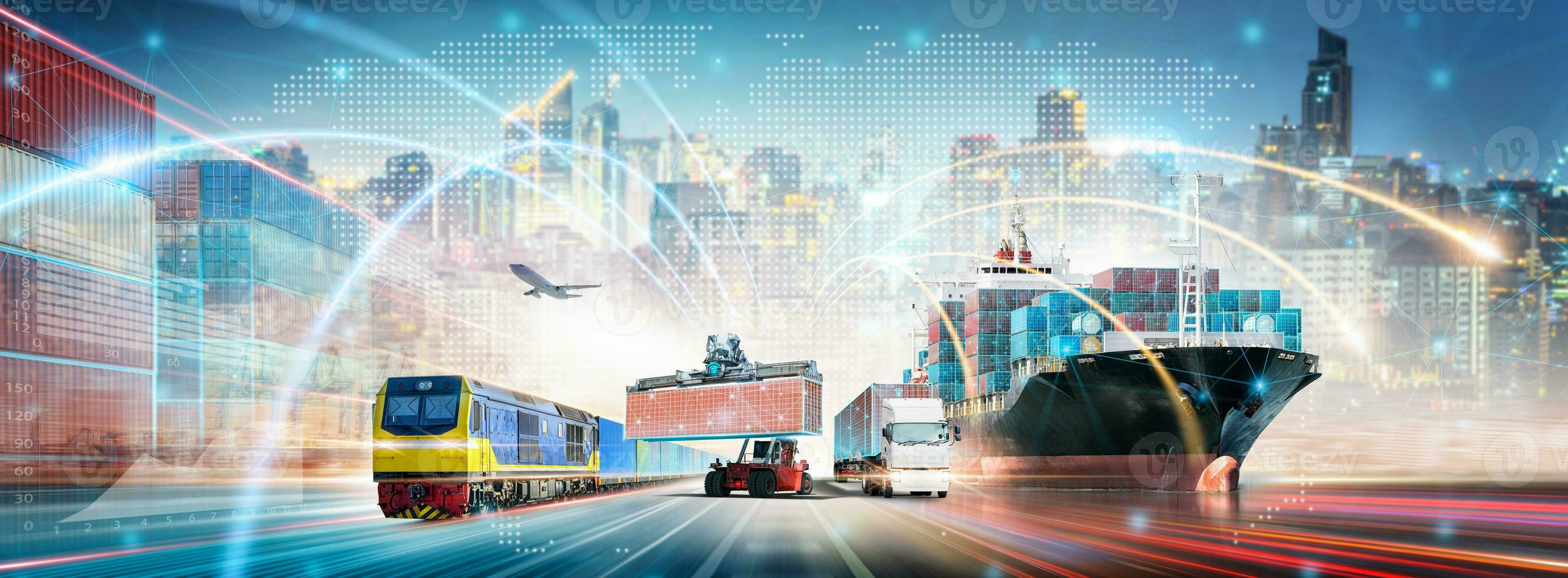 Global Business Network Distribution and Technology Digital Future of Cargo Containers Logistics Transport Concept, Double Exposure of Freight Ship, Modern Futuristic Transportation Import Export photo